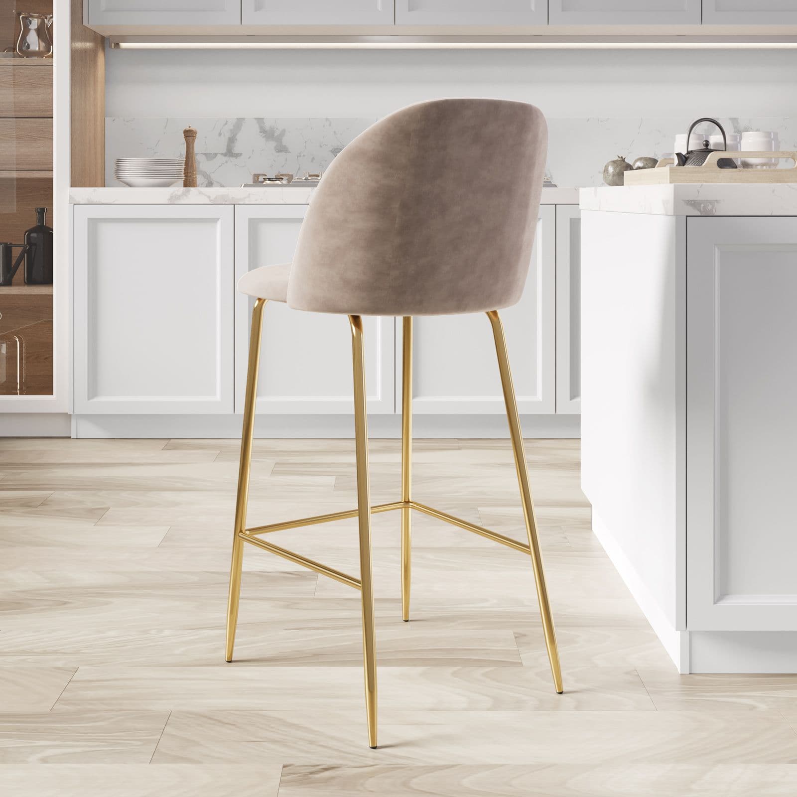 Set 2 sgabelli in velluto tortora con gambe oro - Melt