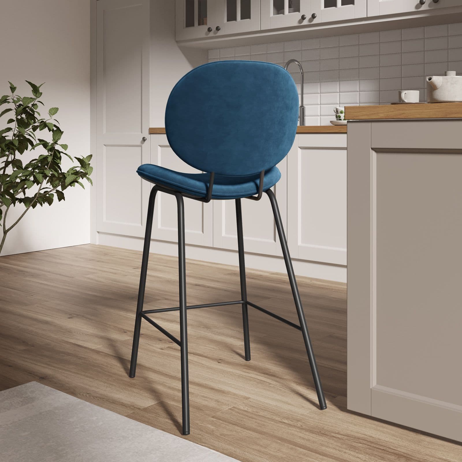 Set 2 sgabelli in velluto blu con gambe in metallo nero - Milva