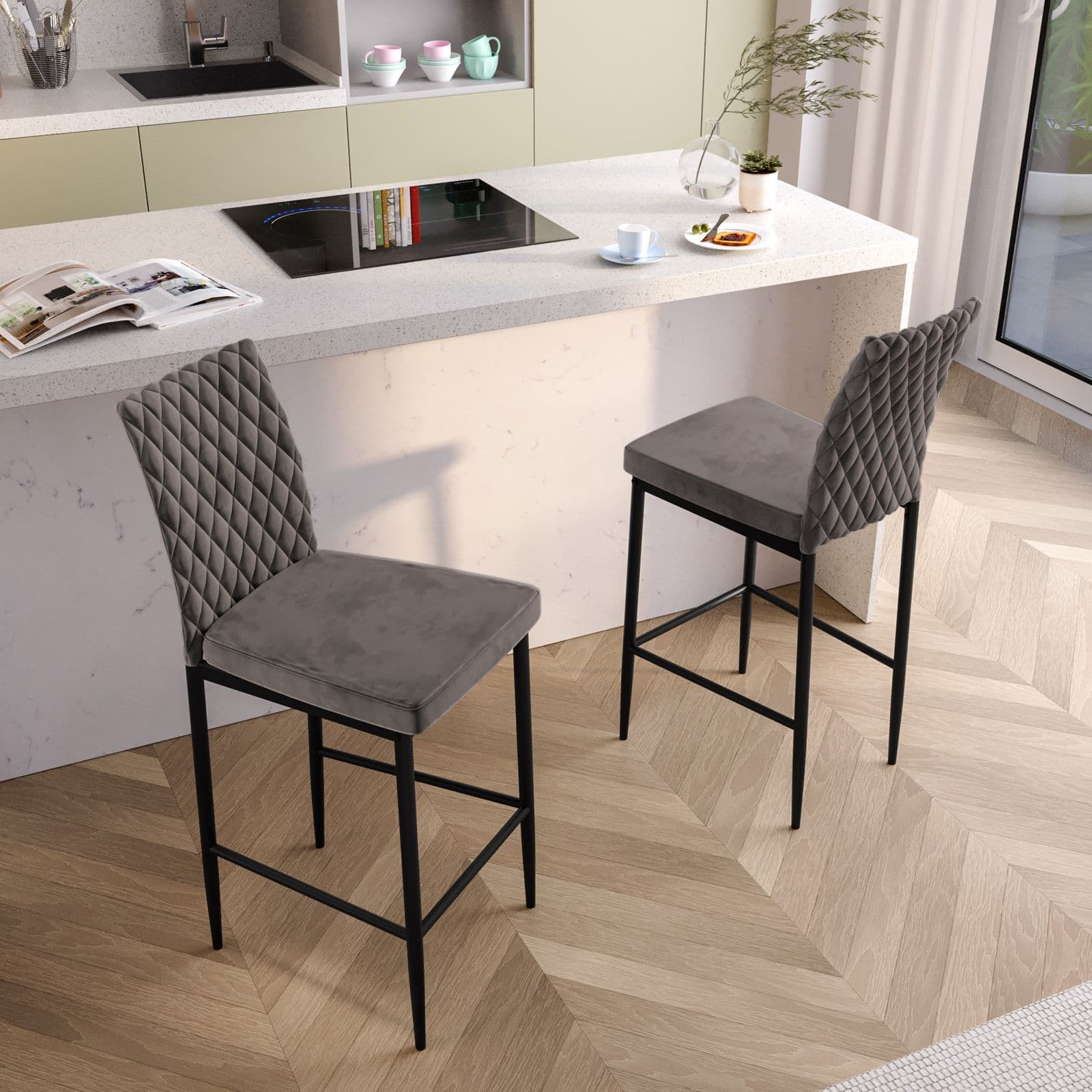 Set 2 sgabelli in velluto grigio fumo con gambe in metallo nero - Frest