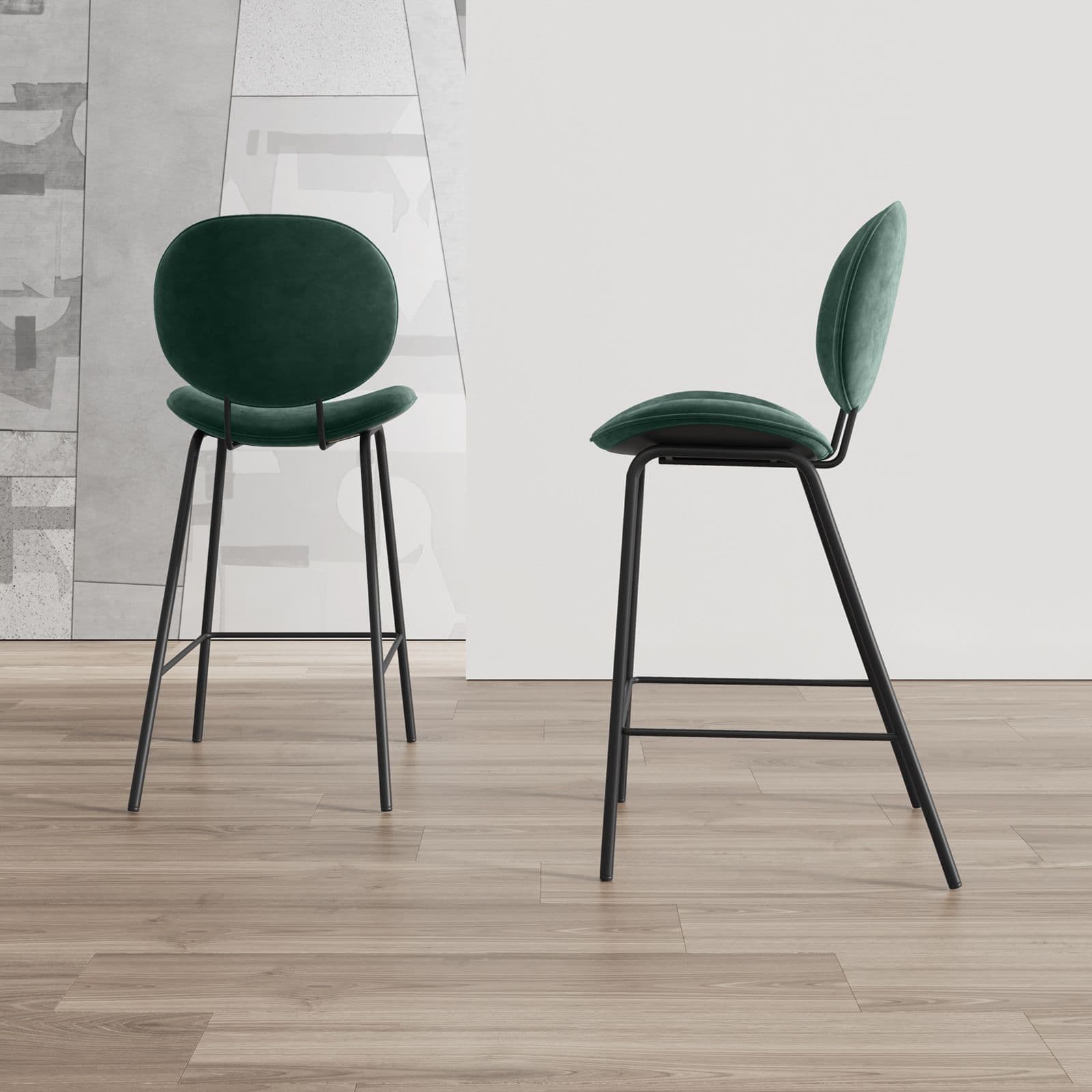 Set 2 sgabelli in velluto verde scuro con gambe in metallo nero - Milva
