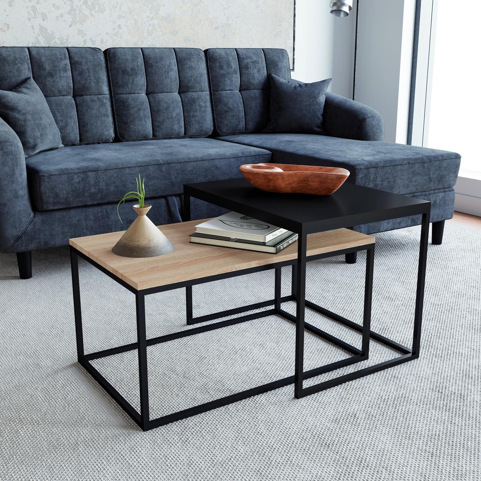 Set 2 tavolini 45x60 cm e 72x45 cm top nero ed effetto rovere sonoma con struttura in metallo - Chara