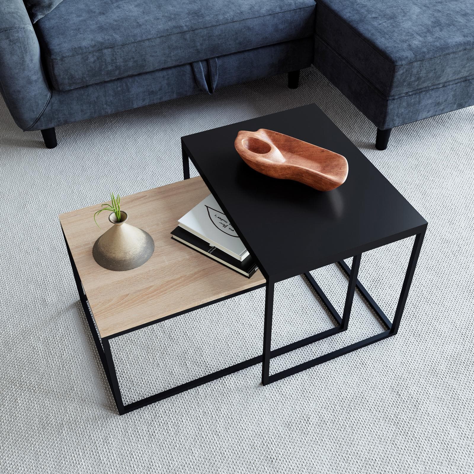 Set 2 tavolini 45x60 cm e 72x45 cm top nero ed effetto rovere sonoma con struttura in metallo - Chara