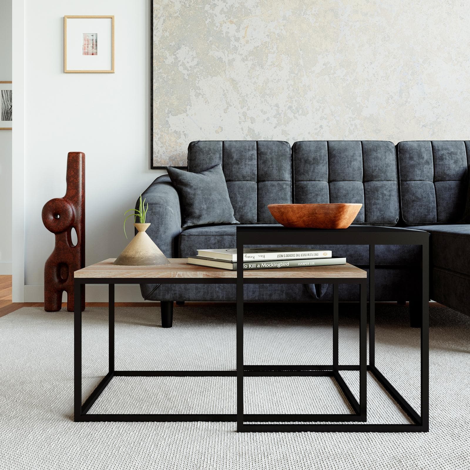 Set 2 tavolini 45x60 cm e 72x45 cm top nero ed effetto rovere sonoma con struttura in metallo - Chara