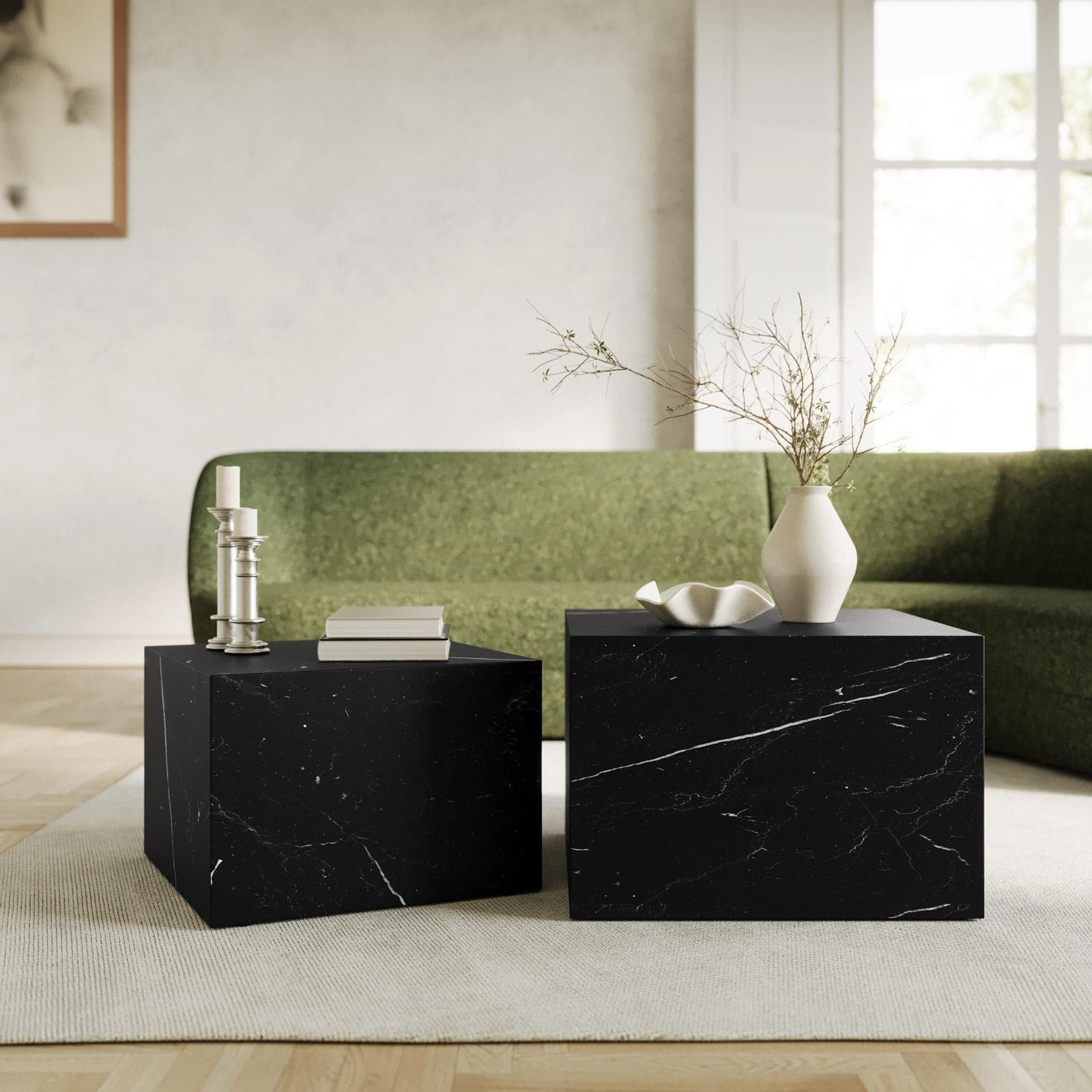 Set 2 tavolini 58x40 cm e 50x35 cm effetto marmo nero - Hunt