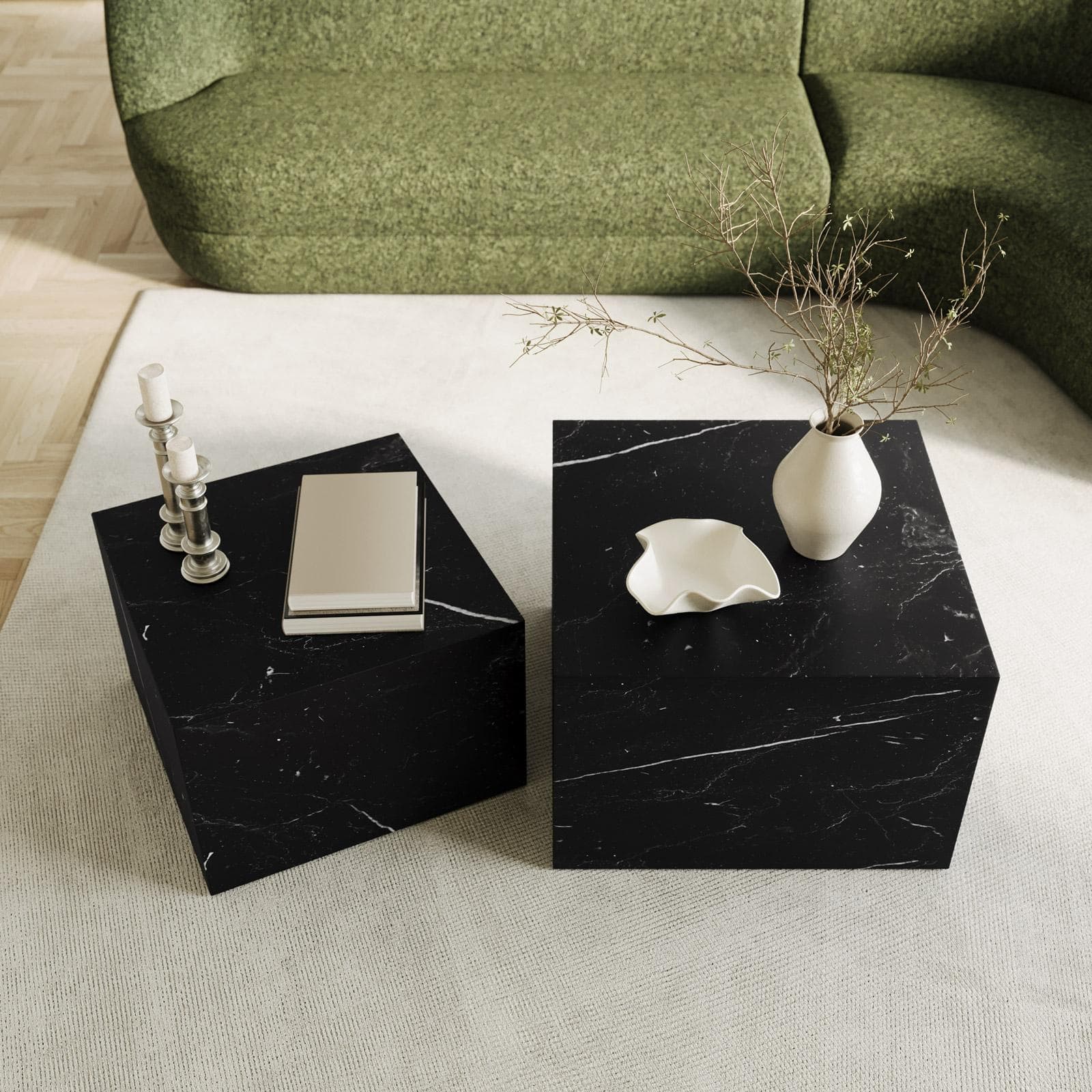 Set 2 tavolini 58x40 cm e 50x35 cm effetto marmo nero - Hunt