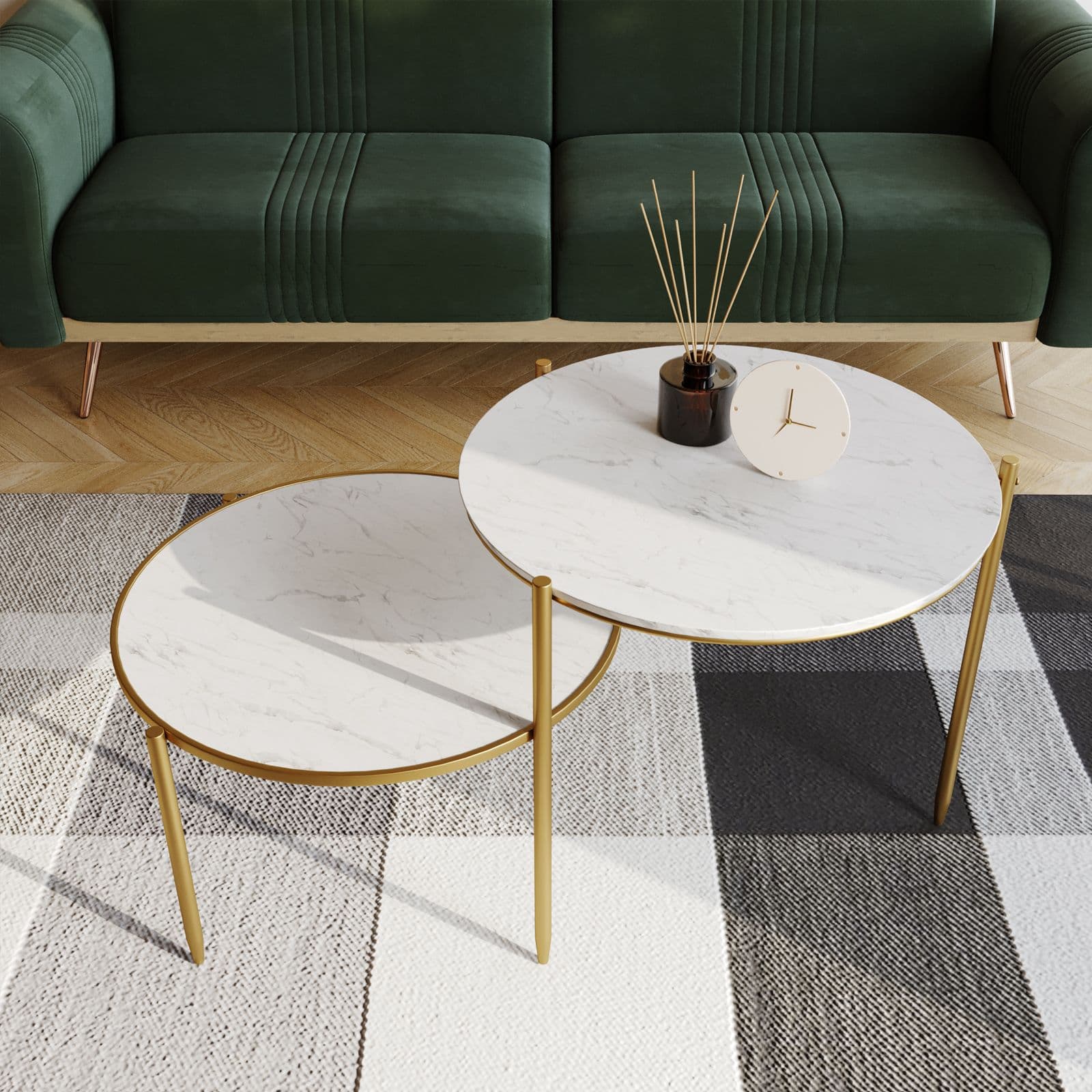 Set 2 tavolini in metallo oro con piano bianco effetto marmo - Lefar