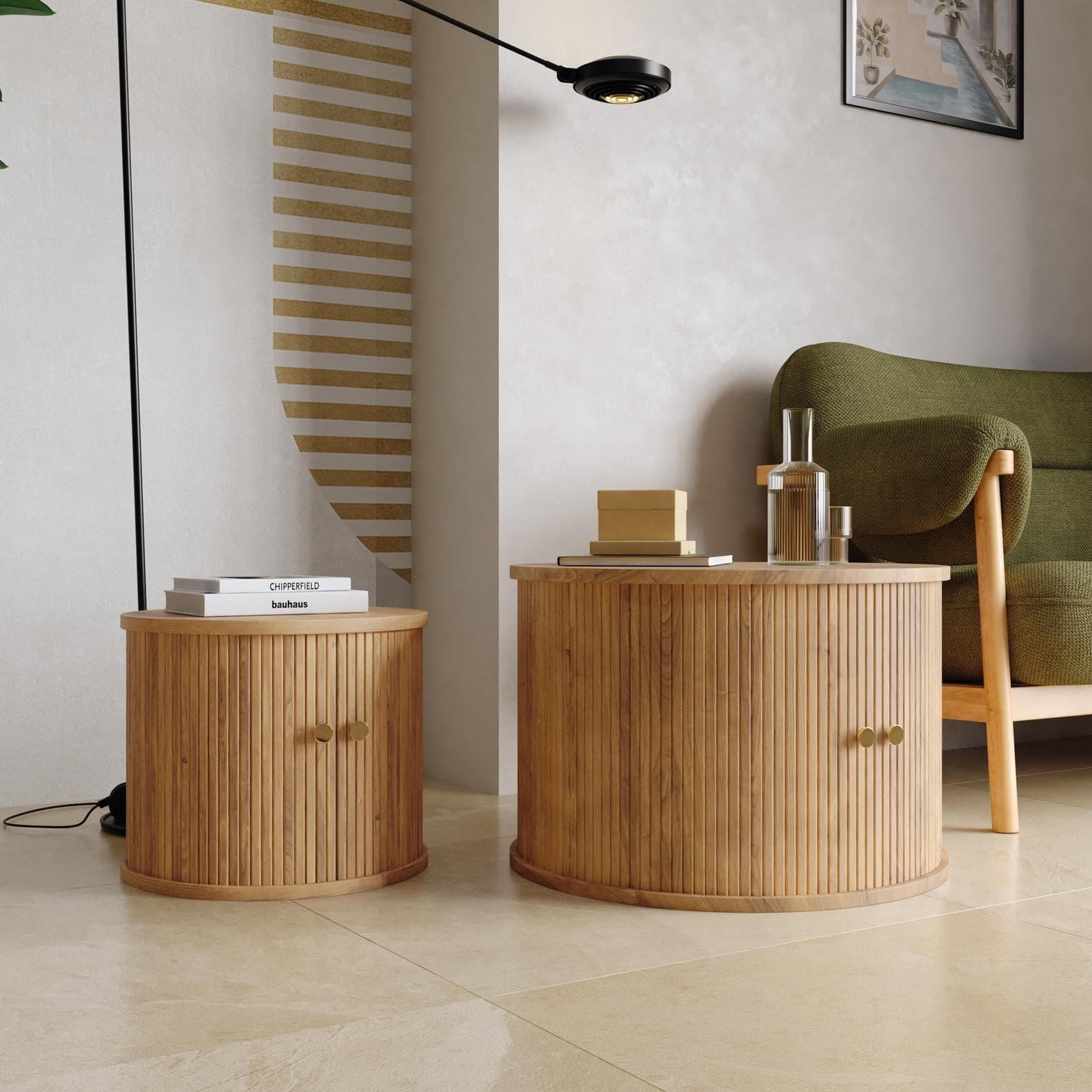 Set 2 tavolini rovere chiaro cannettato con 2 ante scorrevoli - Mebras
