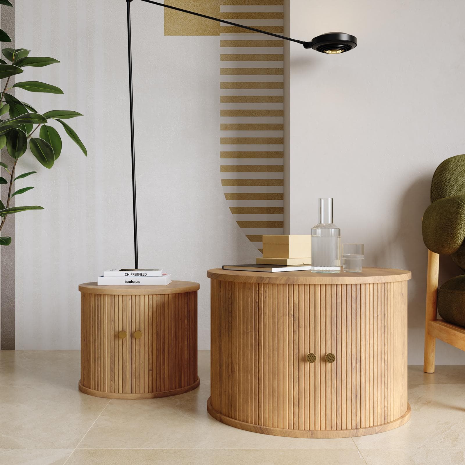 Set 2 tavolini rovere chiaro cannettato con 2 ante scorrevoli - Mebras