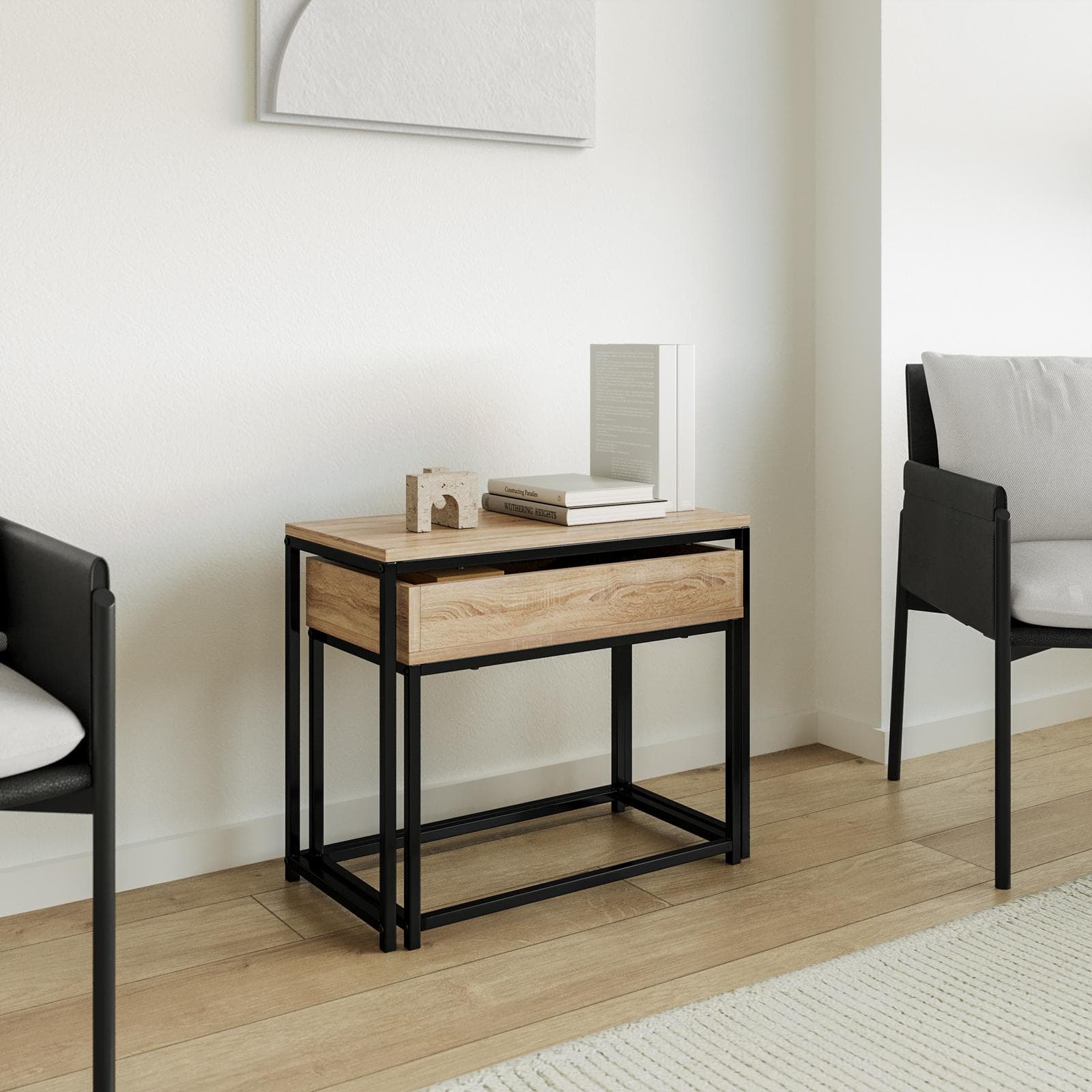 Set 2 tavolini sovrapponibili rovere selvatico e acciaio nero con vano contenitore rovere - Broderick