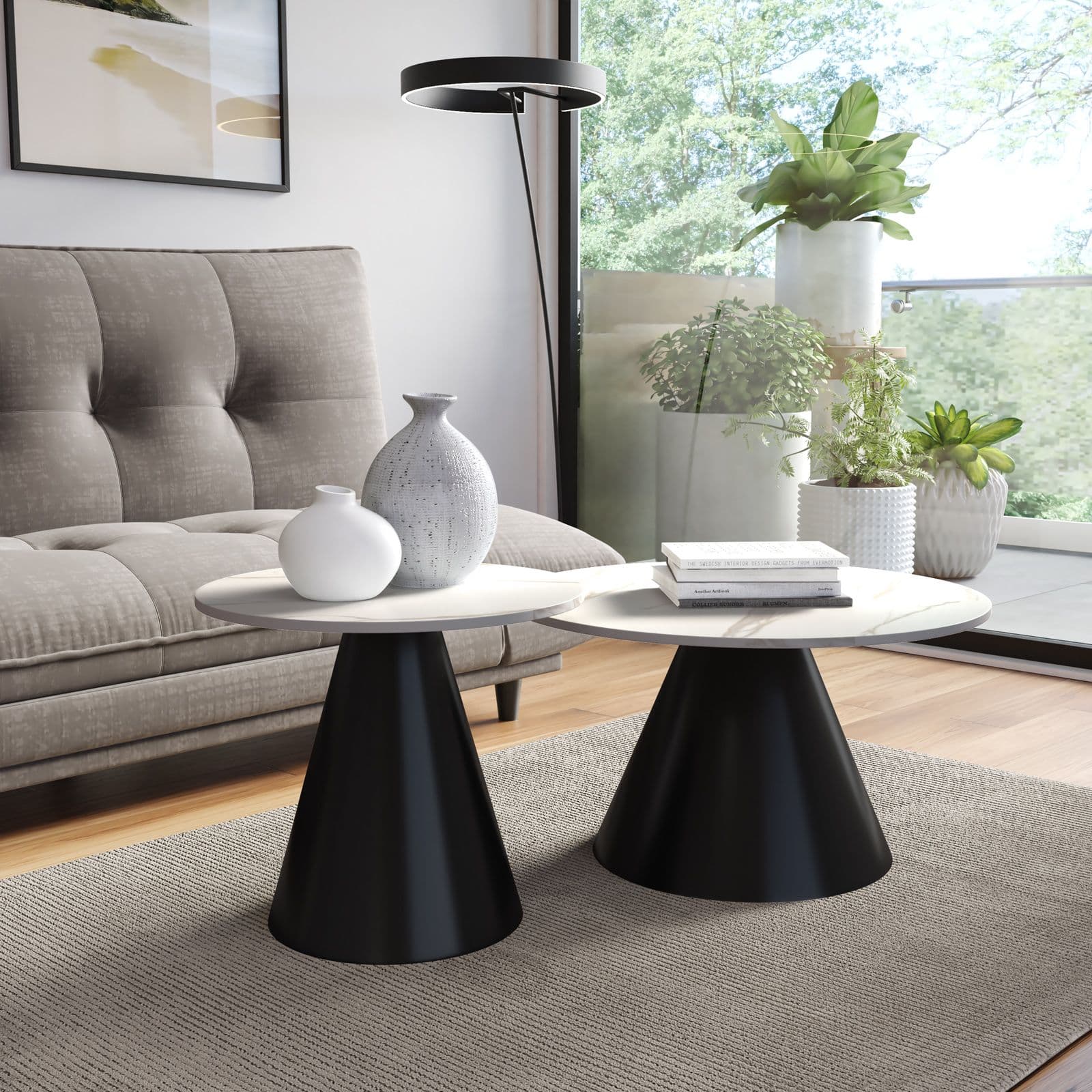 Set 2 tavolini tondi 50 e 70 cm in ceramica bianca portoro opaco e base nera - Gringo