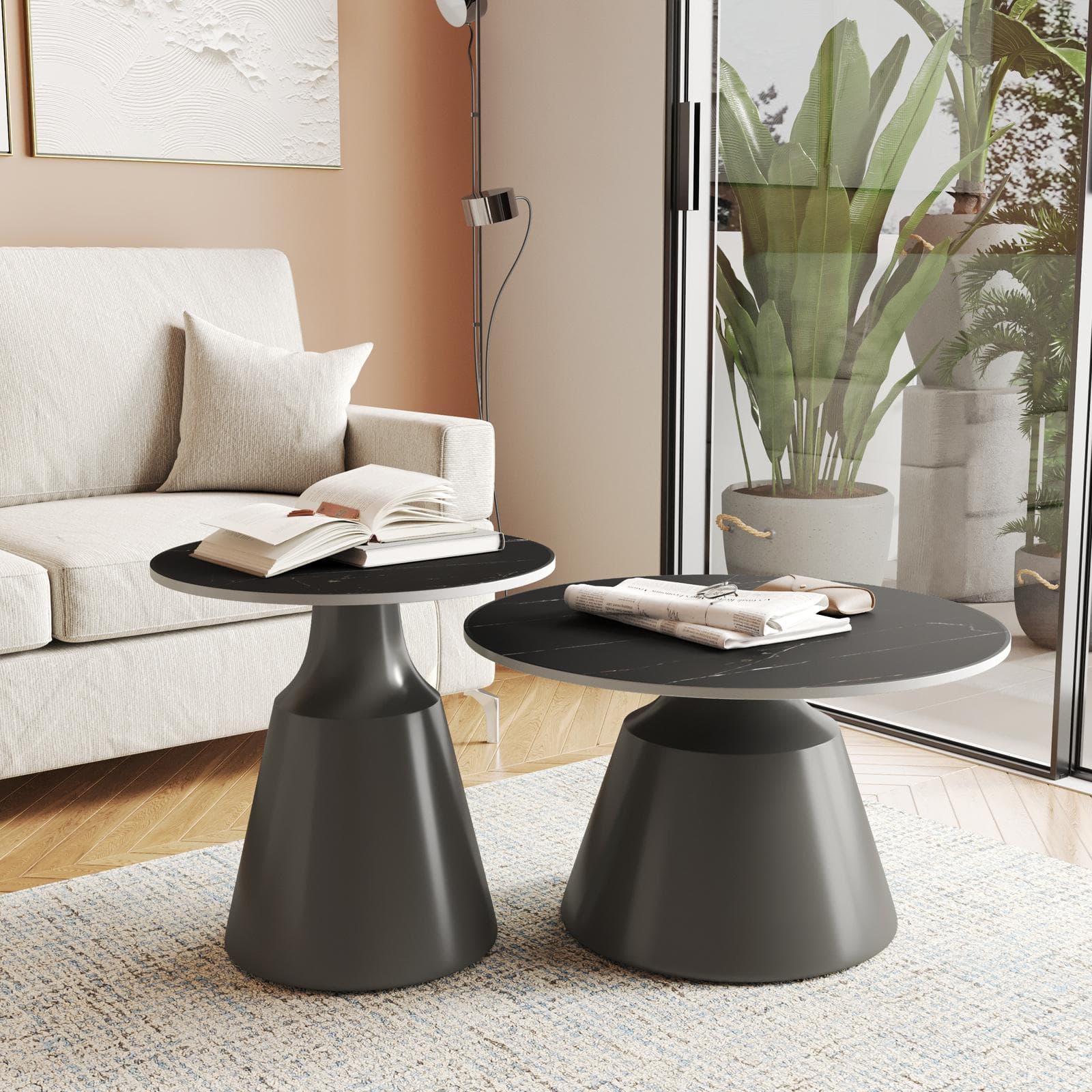 Set 2 tavolini tondi 50 e 70 cm in ceramica nero portoro e base grigio - Mikado