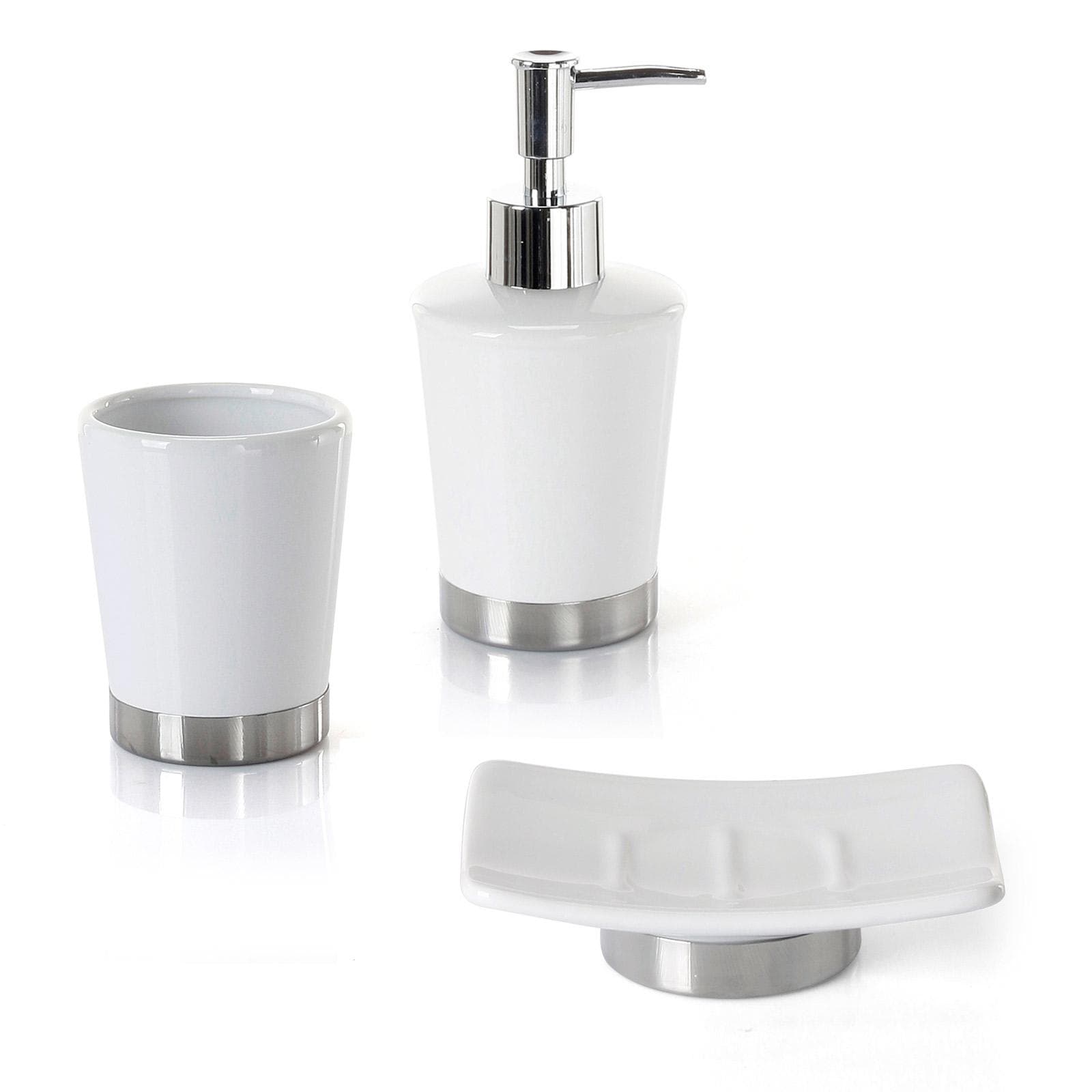Set 3 accessori da appoggio in ceramica bianco e acciaio inox cromo - Petunia d Gedy