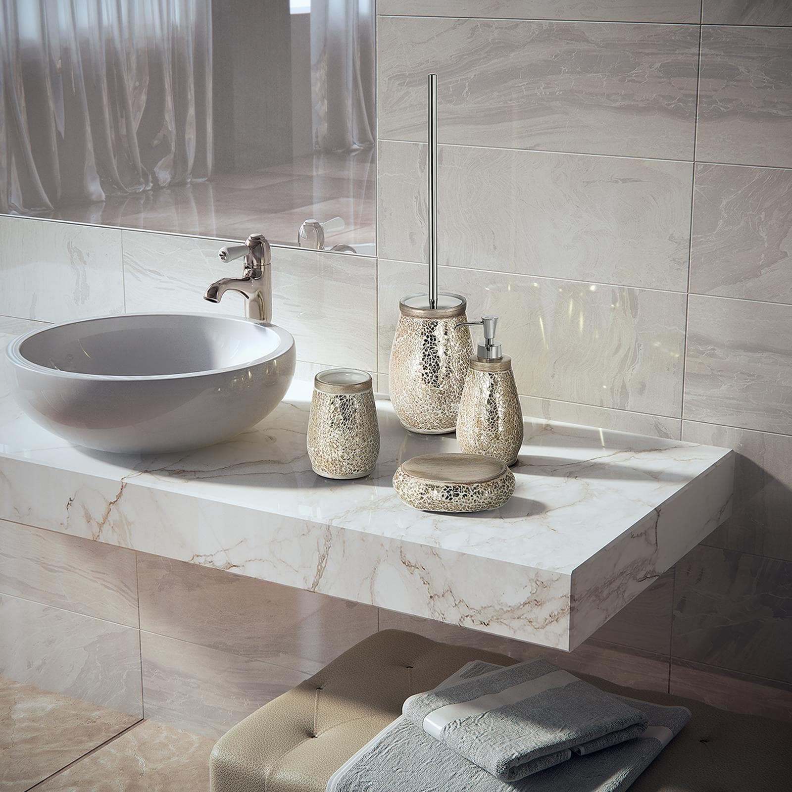 Set 4 accessori d'appoggio in ceramica crema e vetro oro - Myosotis di Gedy
