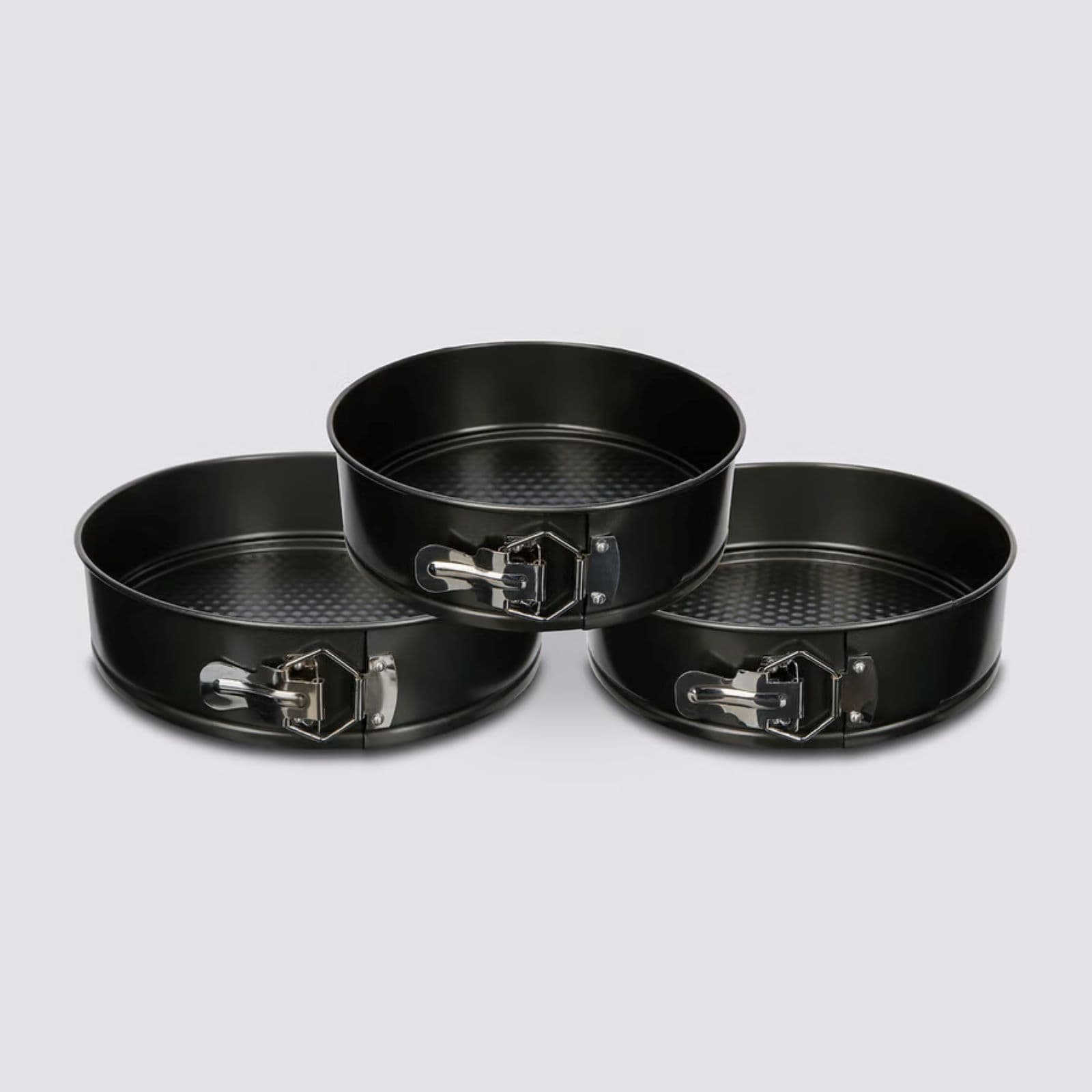Set 3 tortiere rotonde diverse dimensioni in acciaio nero con cerniera