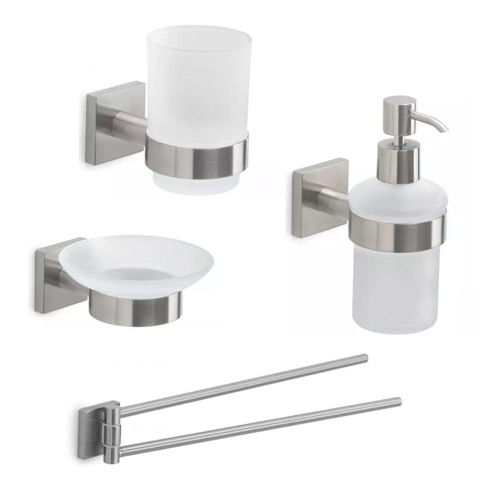 Set 4 accessori a muro in acciaio inox spazzolato e vetro satinato - Fuji di Gedy