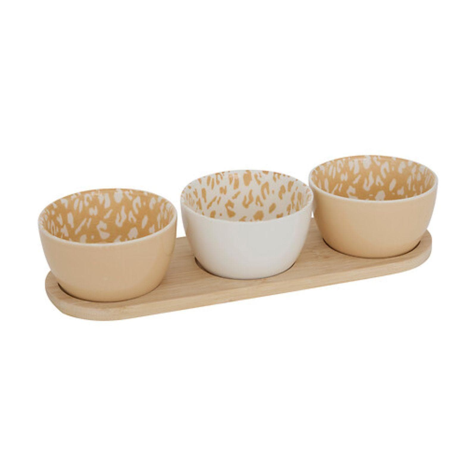 Set 4 accessori per aperitivo in ceramica bianco e beige con vassoio in bambù
