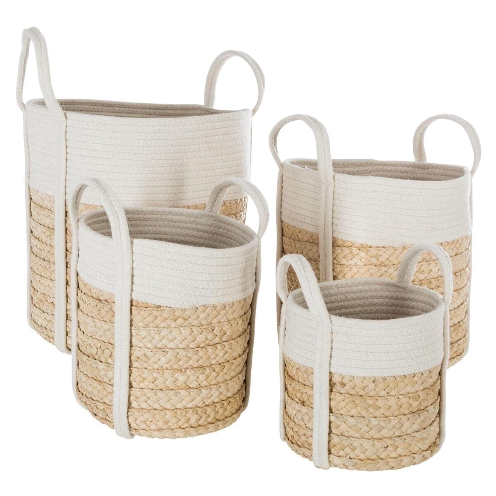 Set 4 cesti rotondi di diversa dimensione intrecciati in fibra naturale e cotone bianco