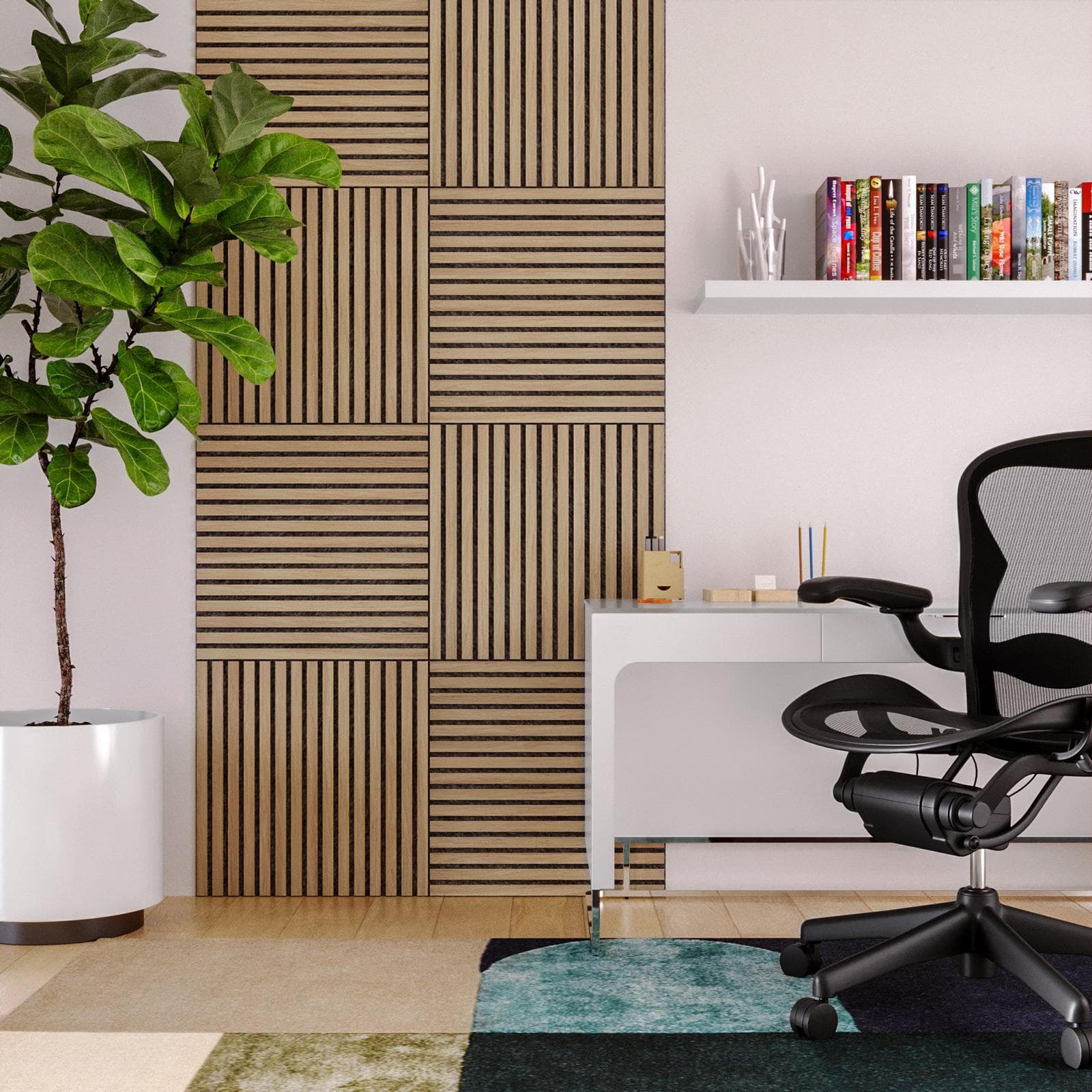 Set 4 pannelli fonoassorbenti boiserie 60x60h cm nero con listelli rovere chiaro - Bjorn