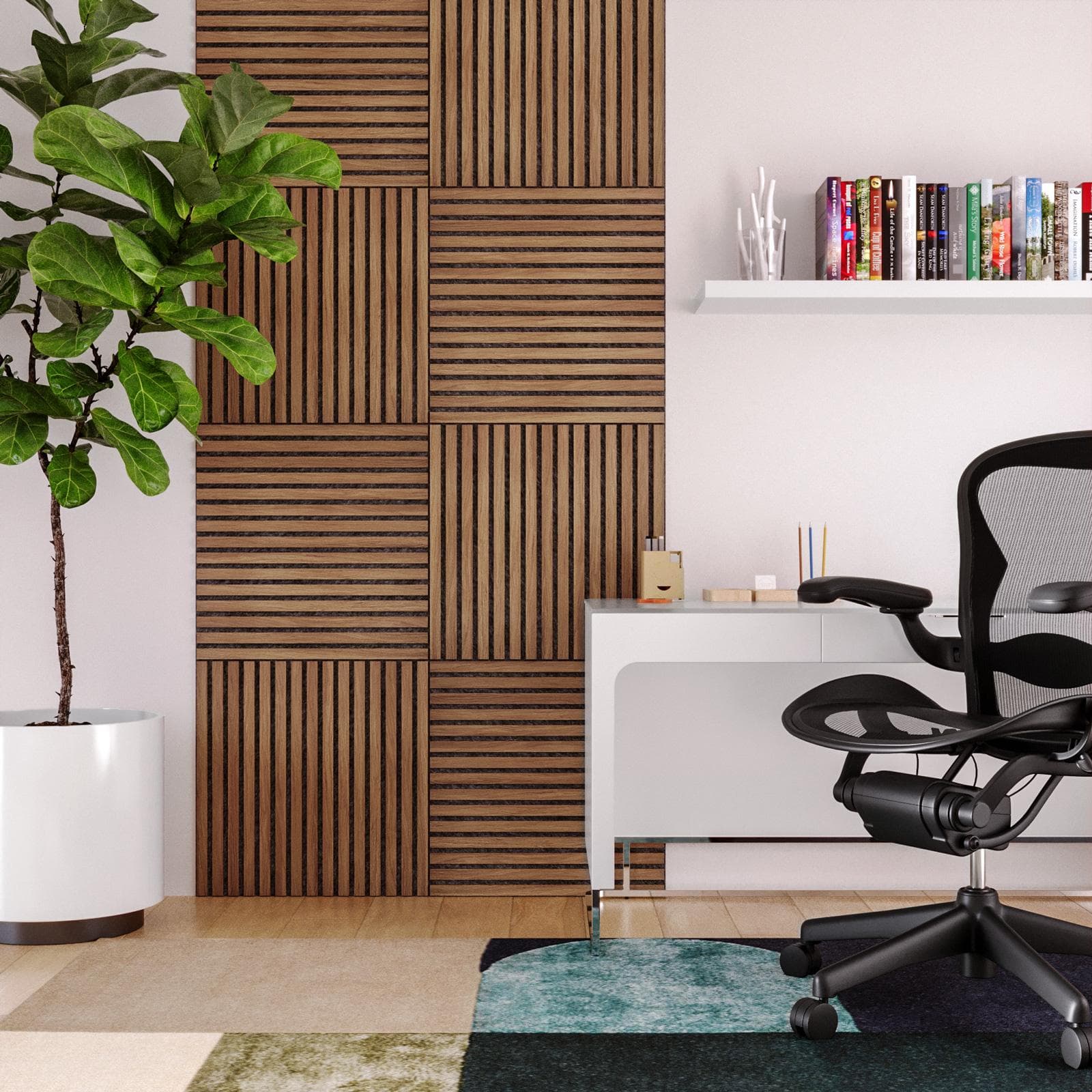 Set 4 pannelli fonoassorbenti boiserie 60x60h cm nero con listelli rovere scuro - Bjorn