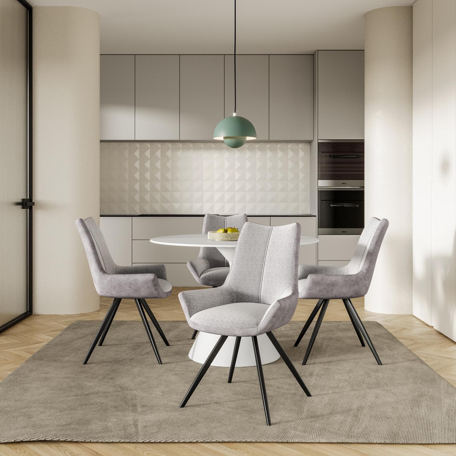 Set 4 sedie bicolore in velluto grigio ghiaccio e tessuto bouclé bianco con gambe nere - Graham
