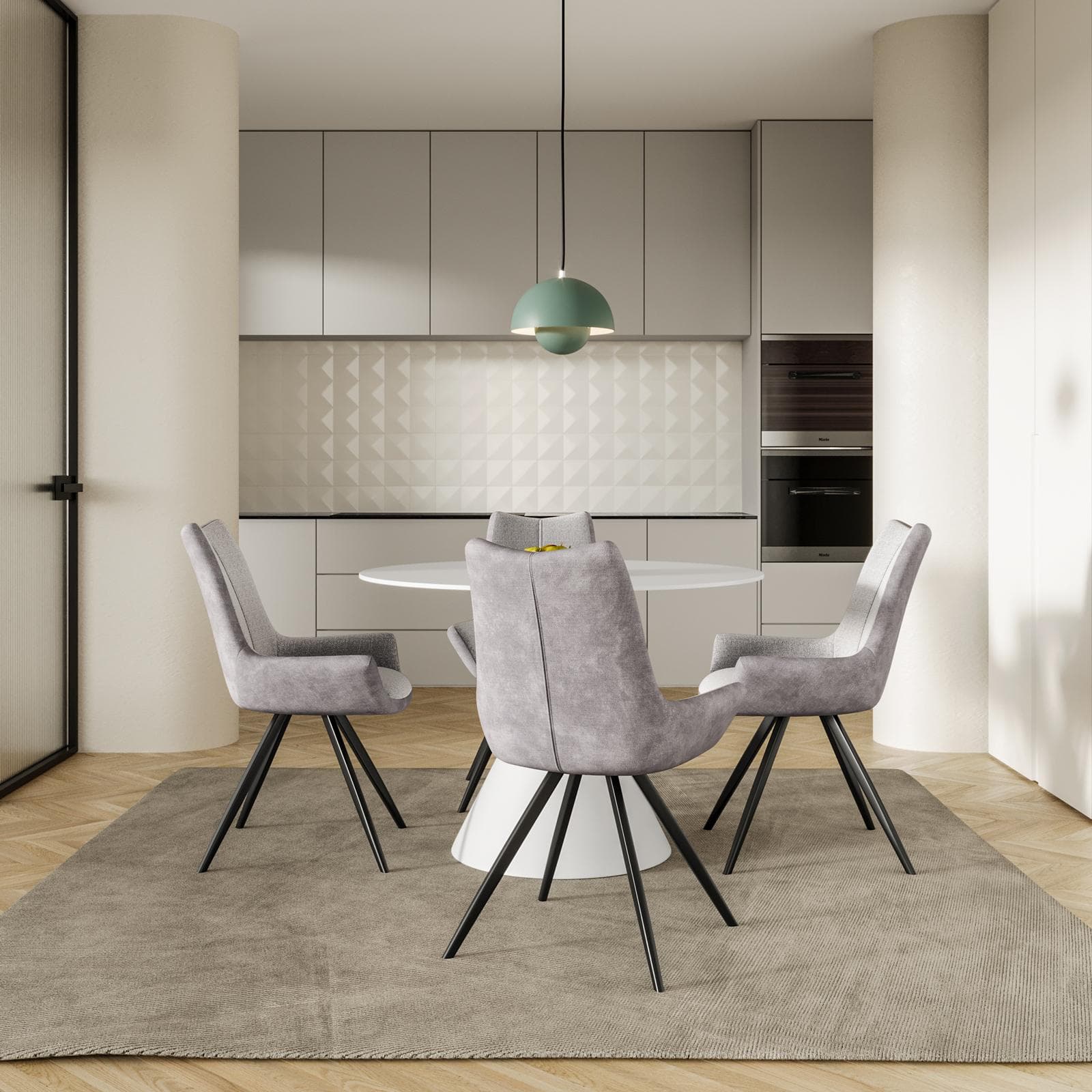 Set 4 sedie bicolore in velluto grigio ghiaccio e tessuto bouclé bianco con gambe nere - Graham