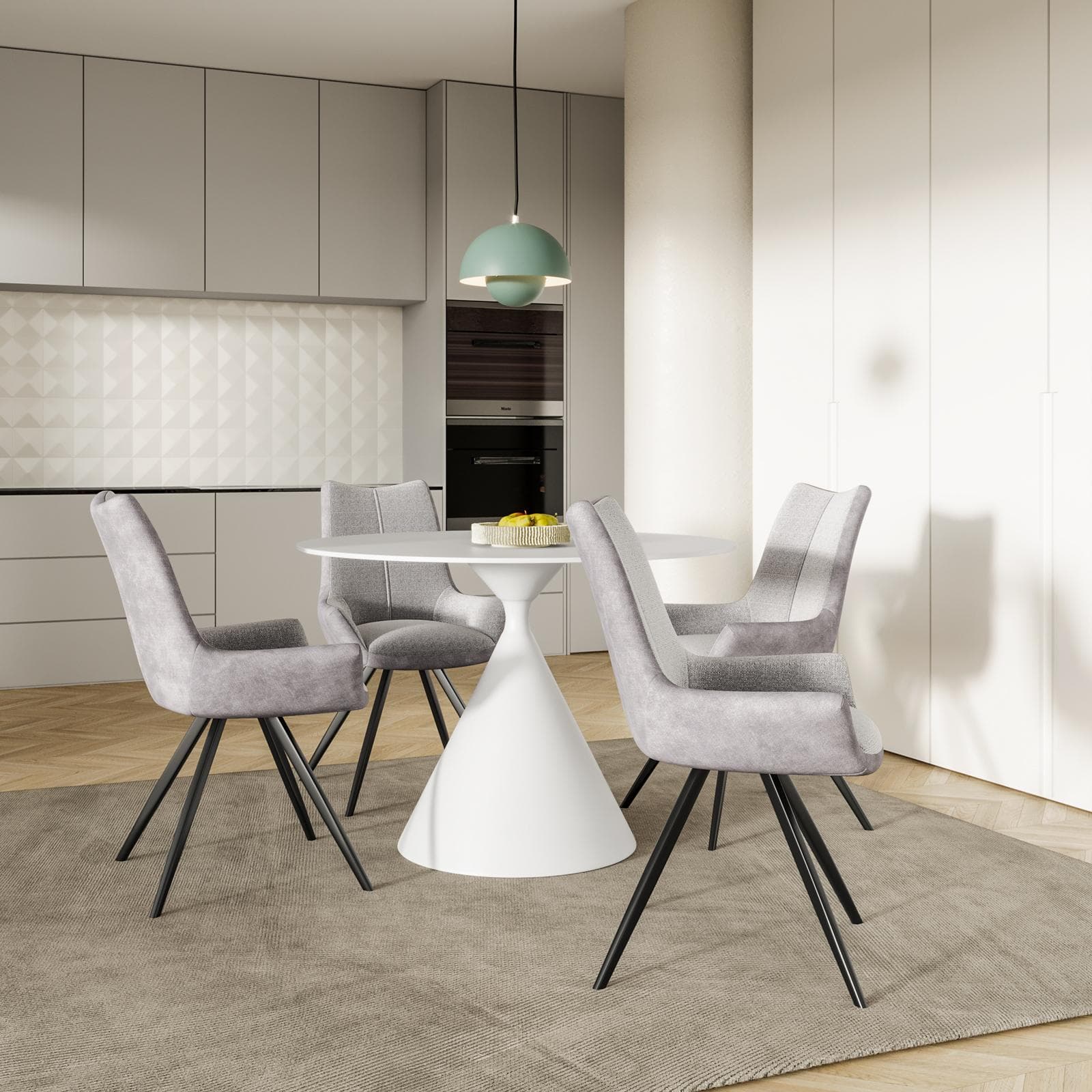 Set 4 sedie bicolore in velluto grigio ghiaccio e tessuto bouclé bianco con gambe nere - Graham