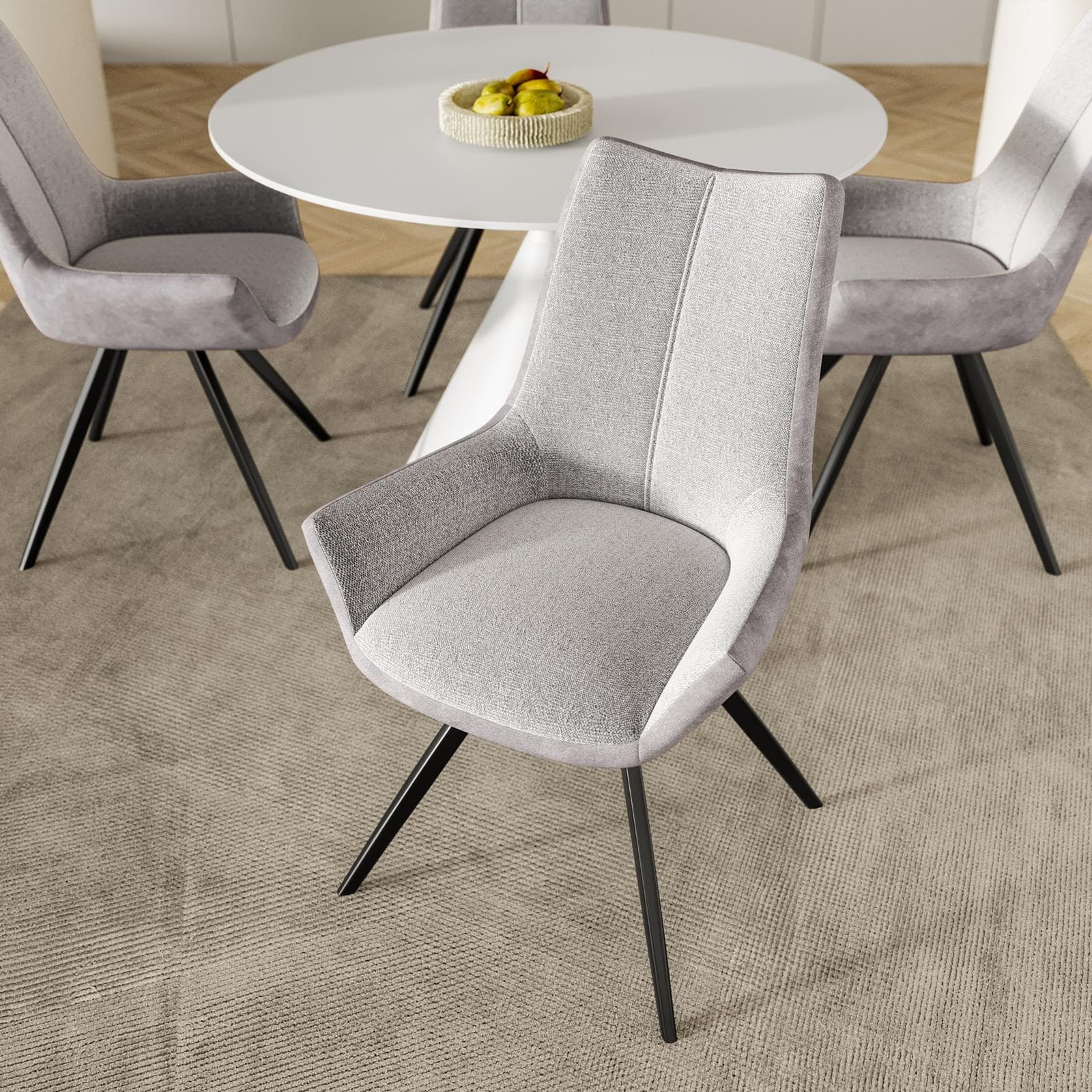 Set 4 sedie bicolore in velluto grigio ghiaccio e tessuto bouclé bianco con gambe nere - Graham