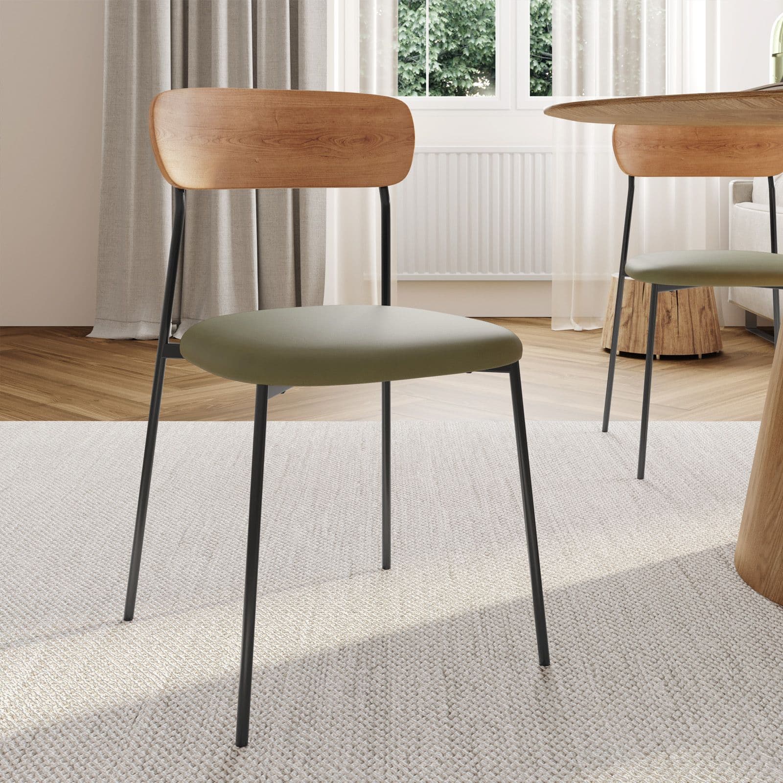 Set 4 sedie con seduta in similpelle verde militare e schienale effetto legno - Alabaster