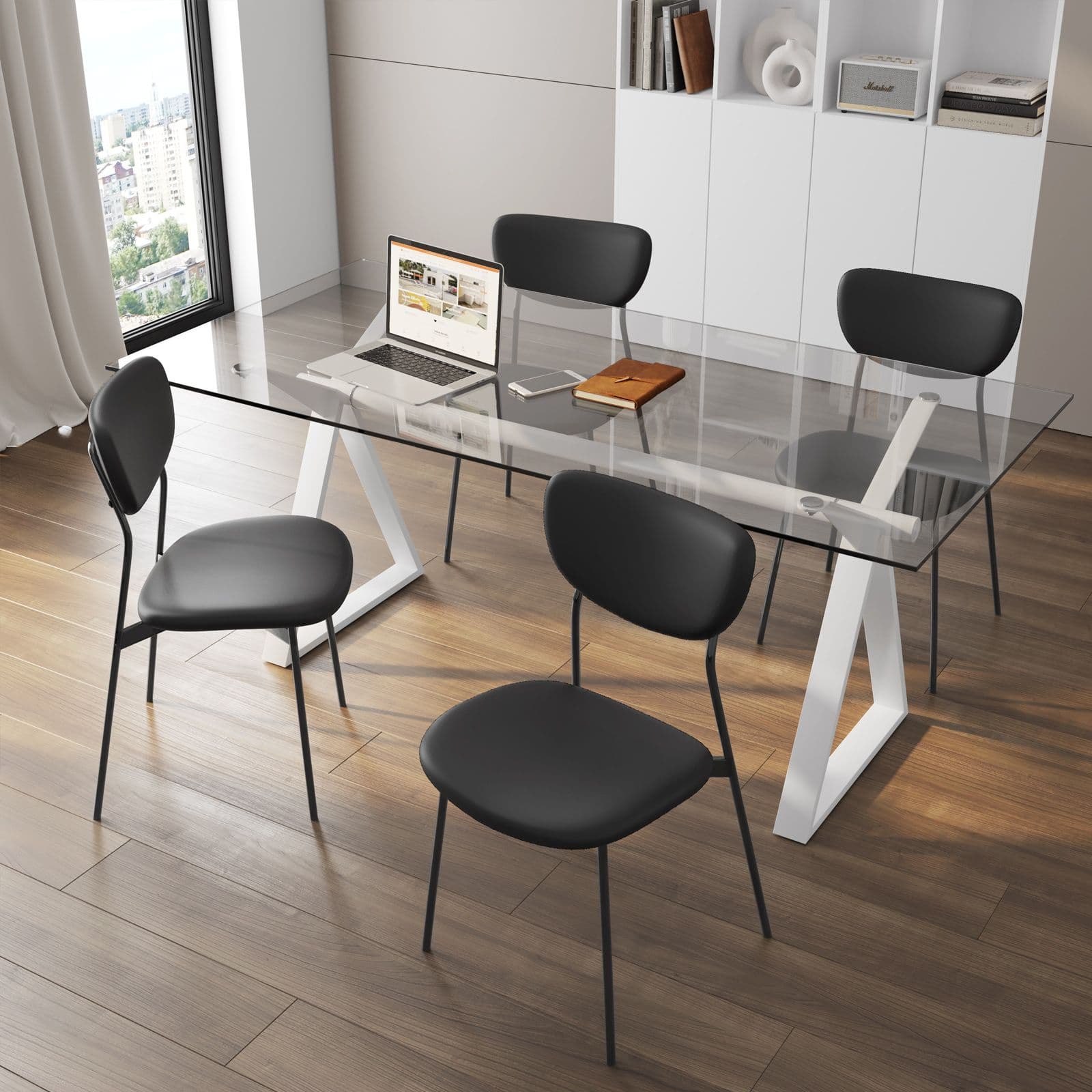 Set 4 sedie da ufficio in similpelle nera con gambe nere - Flaminia
