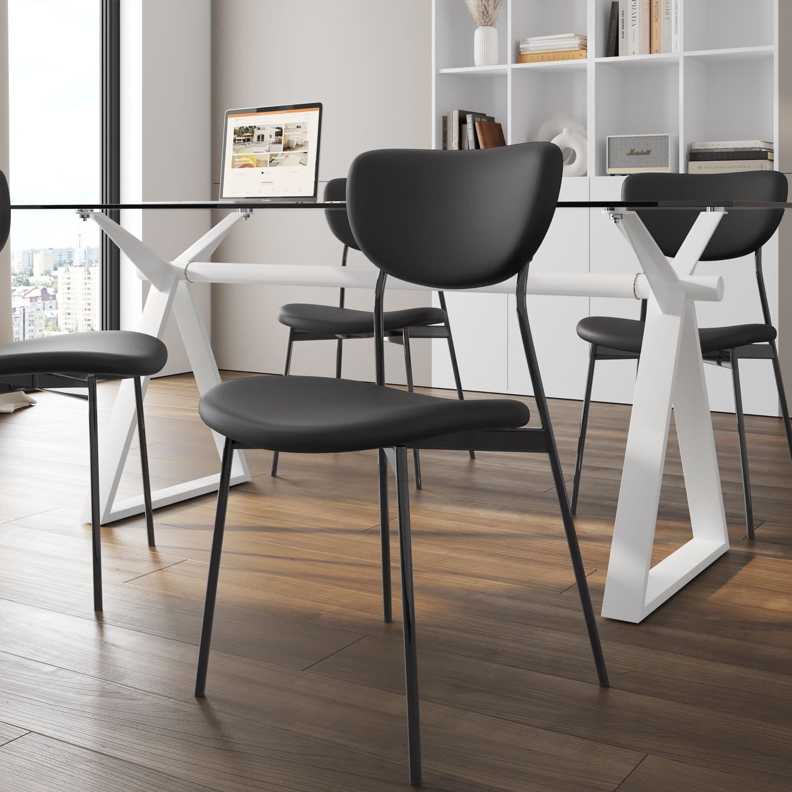 Set 4 sedie da ufficio in similpelle nera con gambe nere - Flaminia