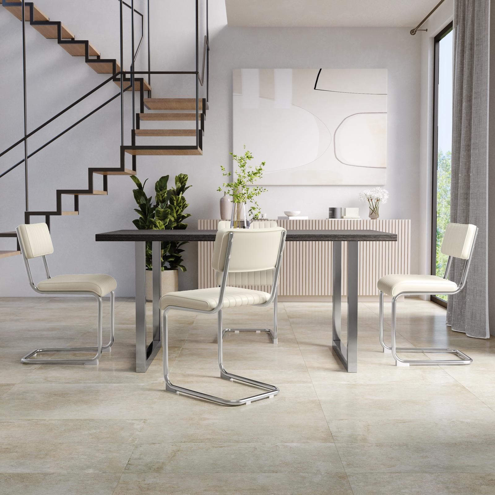 Set 4 sedie in similpelle crema con struttura in metallo cromo - Bridget