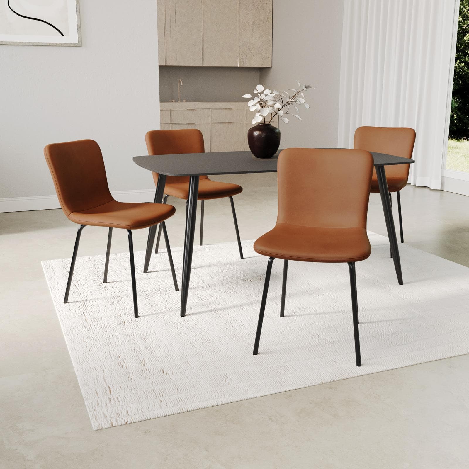 Set 4 sedie in similpelle cognac con gambe in metallo nero - Belita