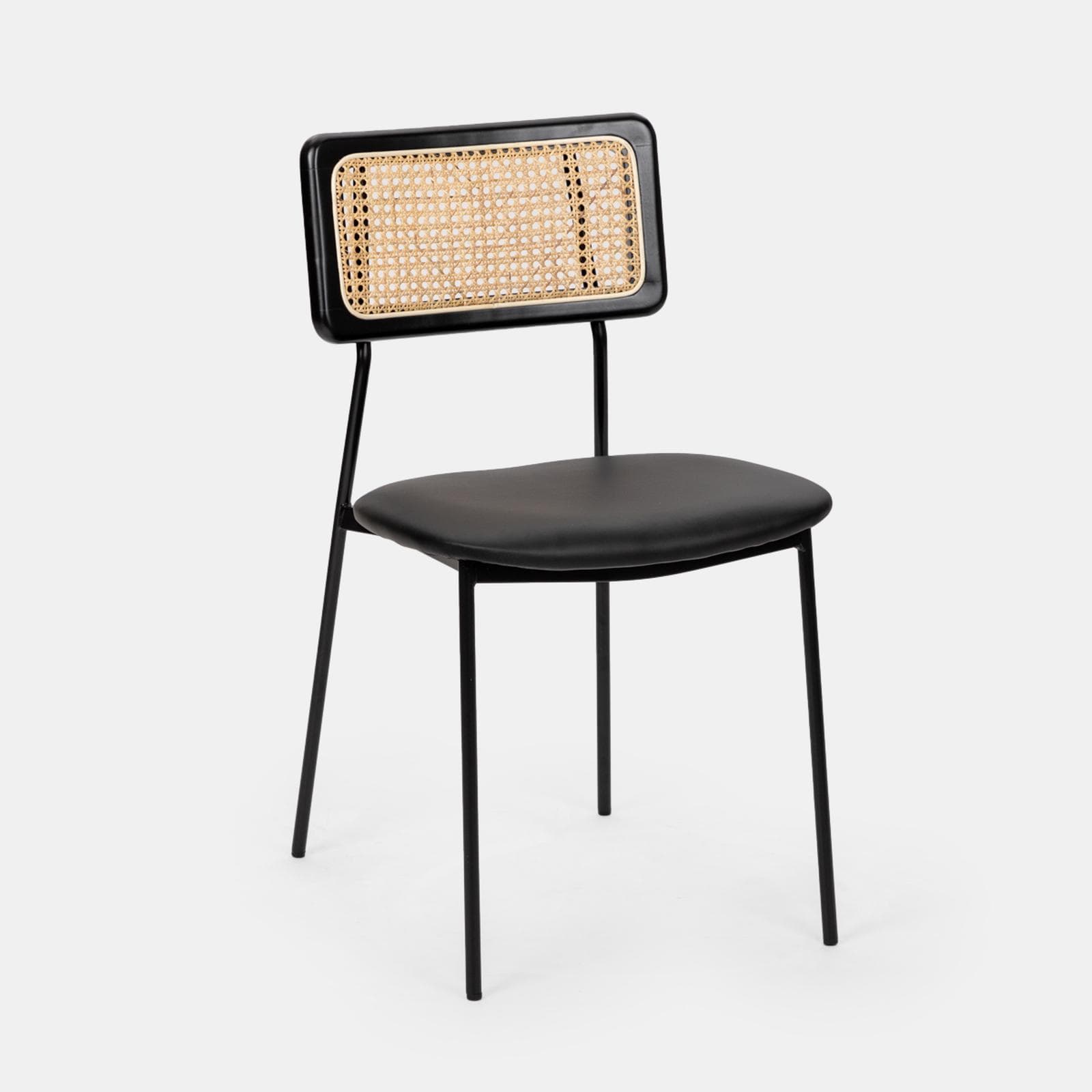 Set 4 sedie in similpelle nera con schienale in rattan e gambe in metallo - Amira