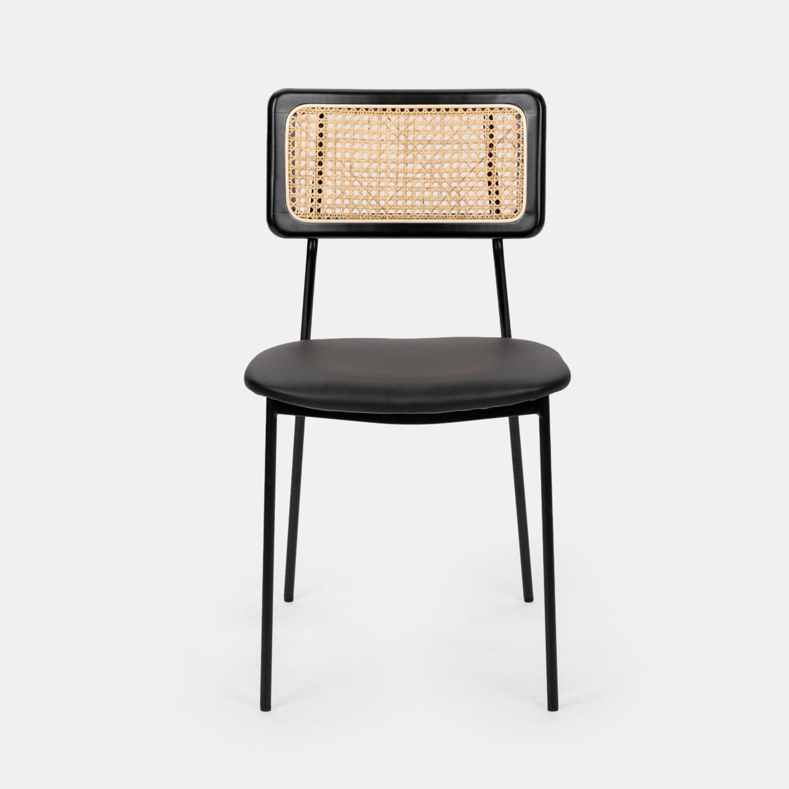 Set 4 sedie in similpelle nera con schienale in rattan e gambe in metallo - Amira