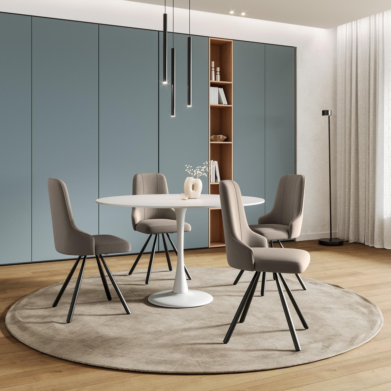 Set 4 sedie in tessuto beige con gambe in metallo nero e seduta girevole - Lorla