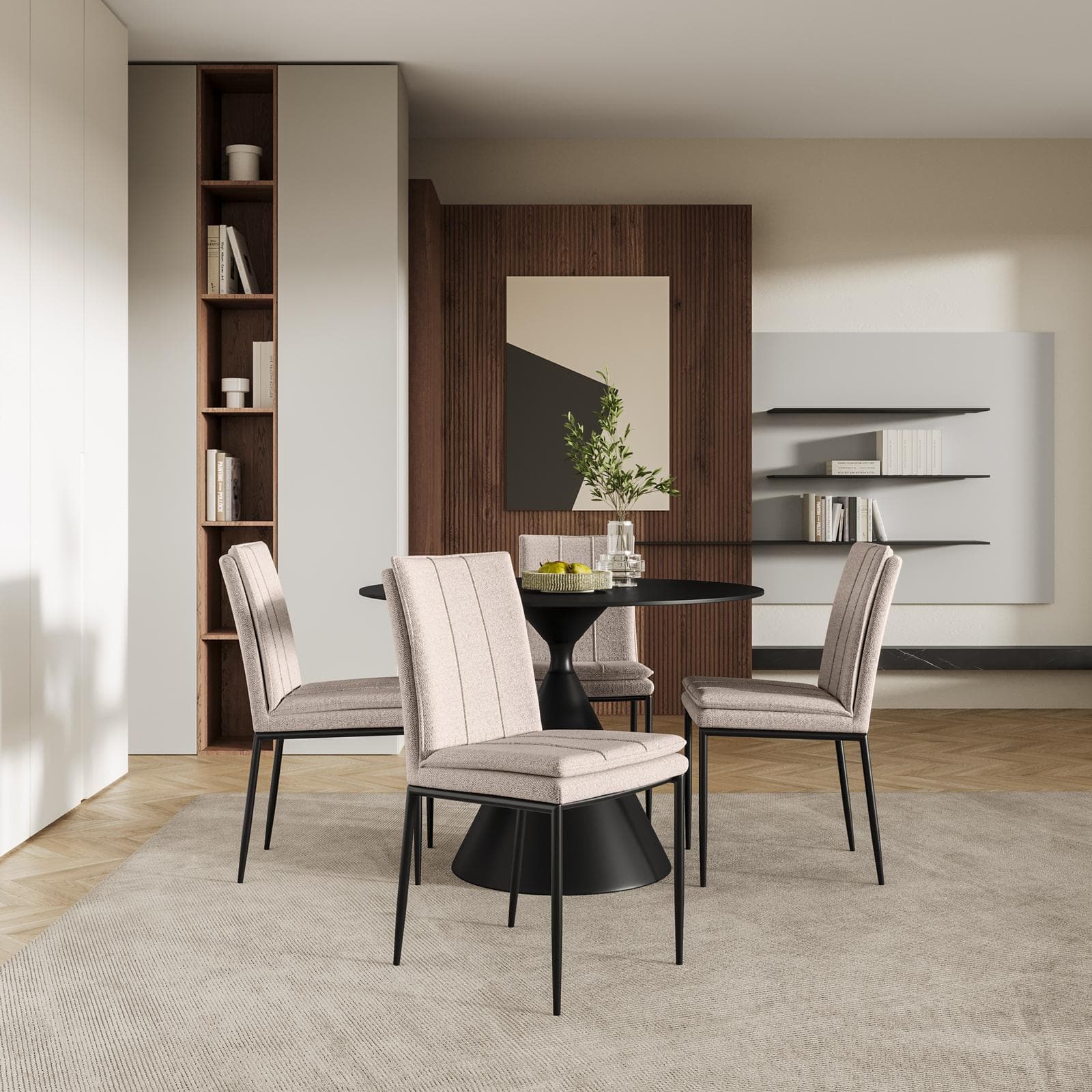 Set 4 sedie in tessuto beige con gambe in metallo nero - Thila