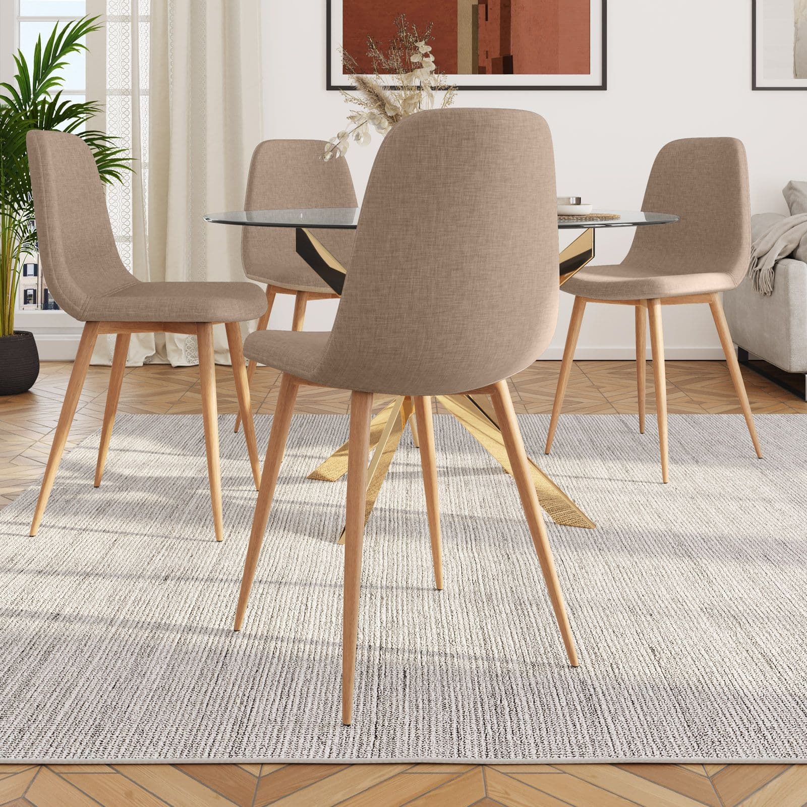 Set 4 sedie in tessuto beige con gambe in metallo effetto legno - Finesse
