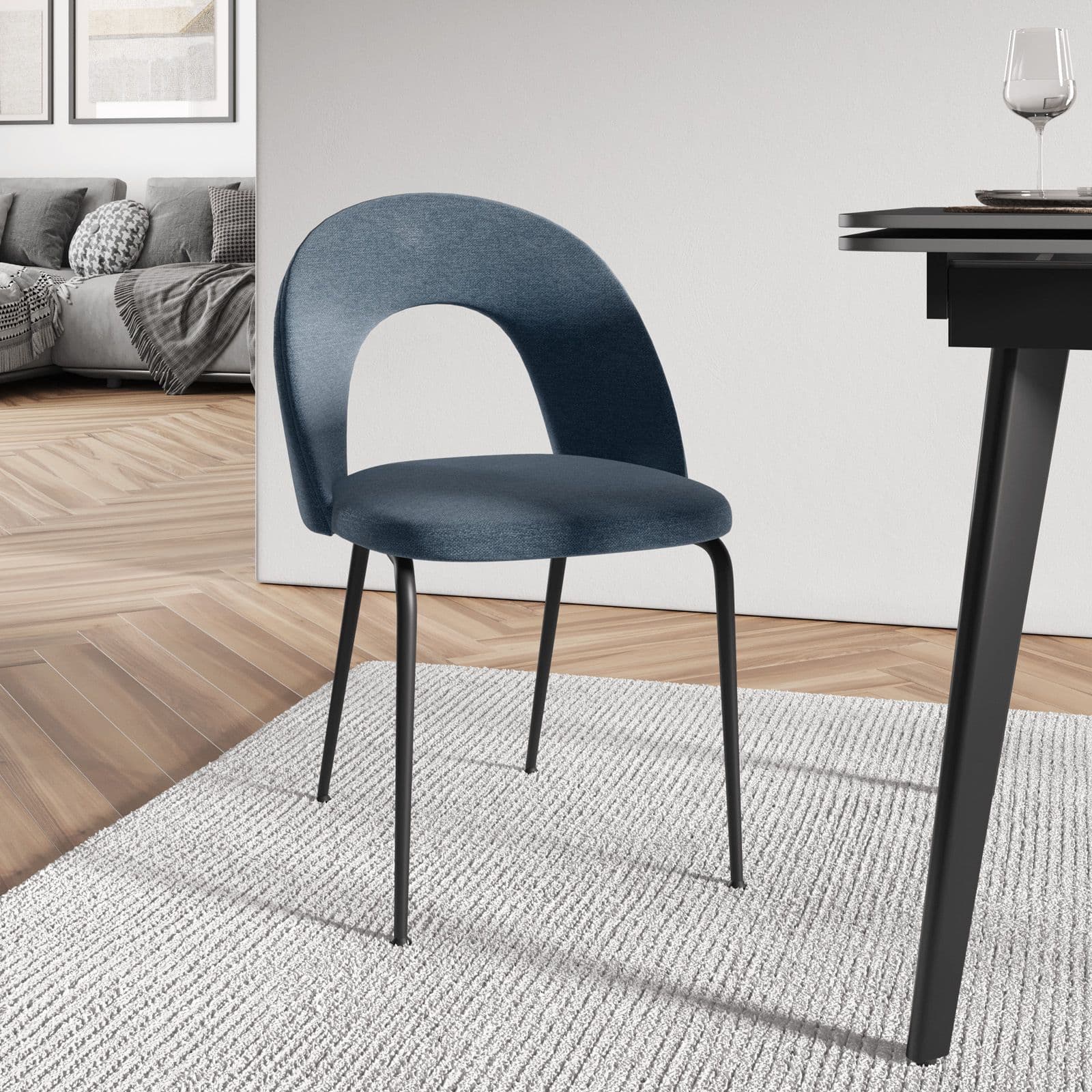 Set 4 sedie in tessuto blu scuro con cucitura a contrasto e gambe in metallo nero - Carei
