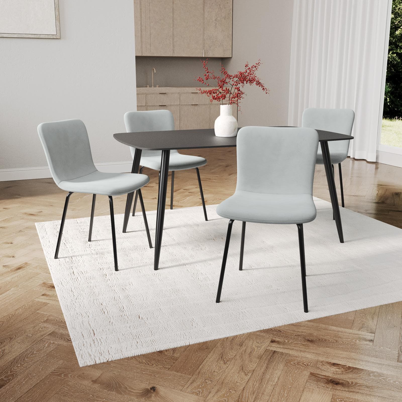 Set 4 sedie in tessuto grigio ghiaccio con gambe in metallo nero - Belita