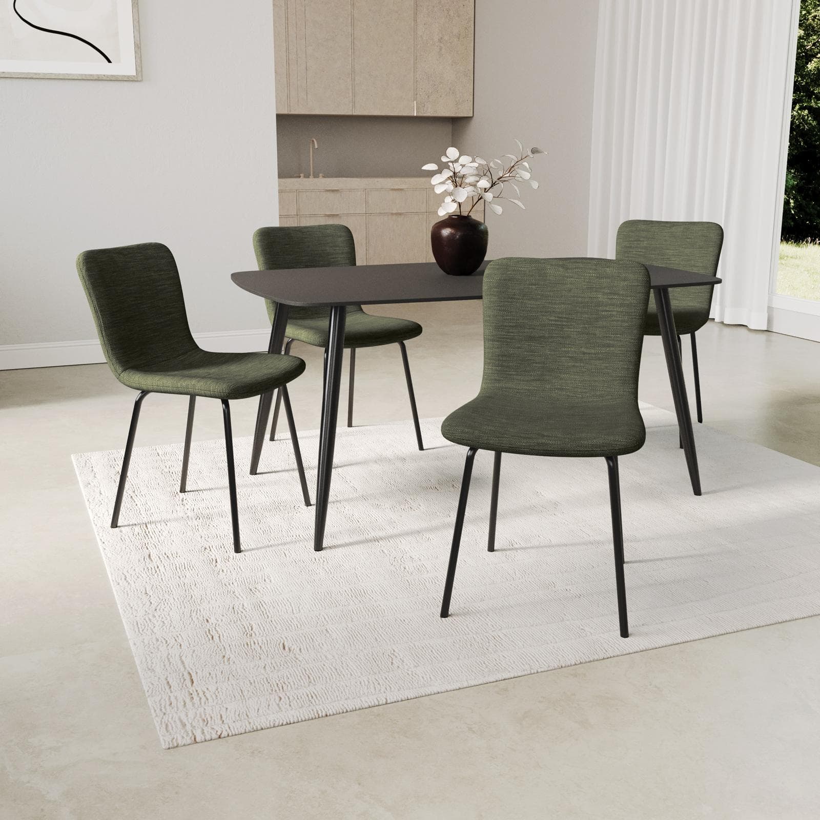 Set 4 sedie in tessuto melange verde con gambe in metallo nero - Belita
