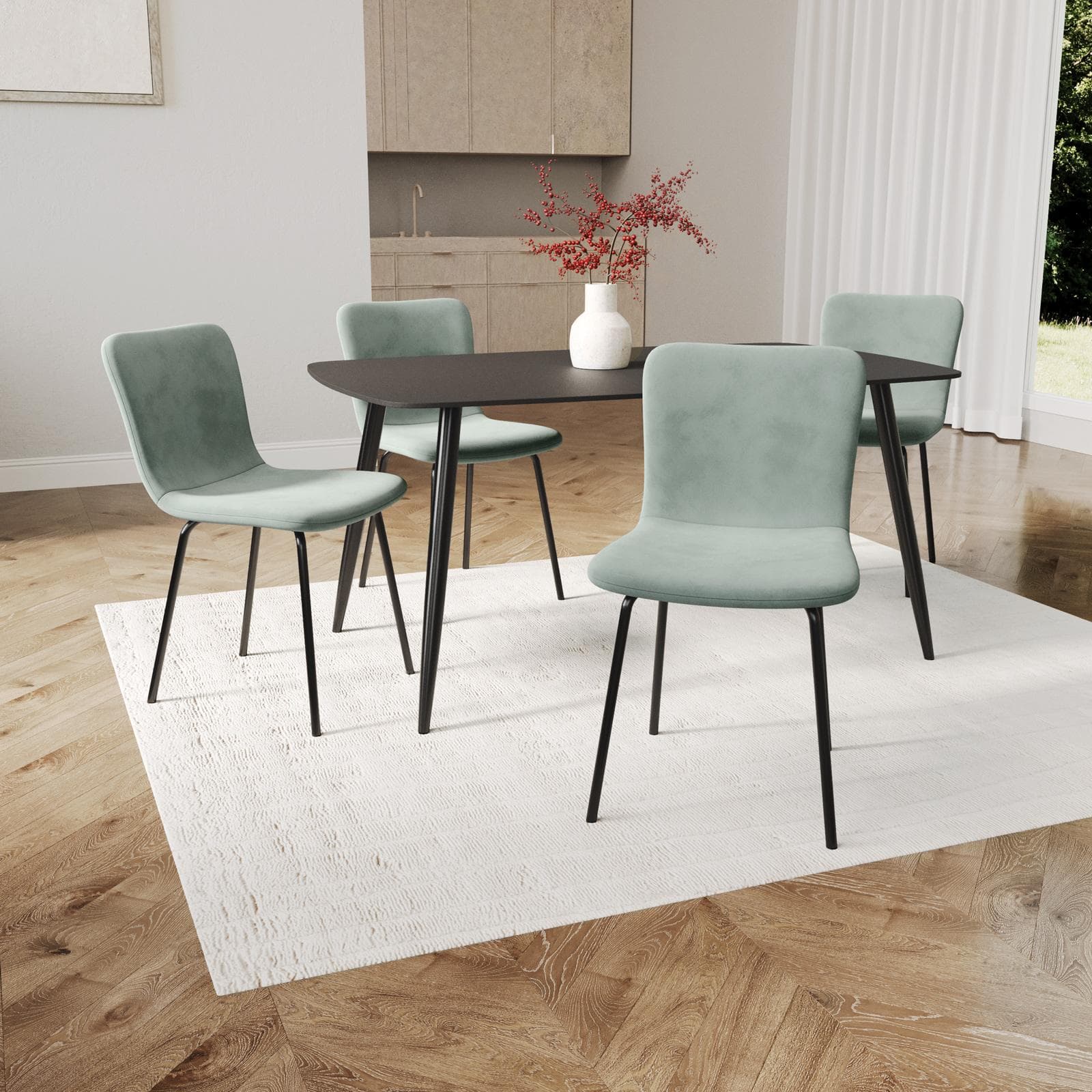 Set 4 sedie in tessuto verde salvia con gambe in metallo nero - Belita