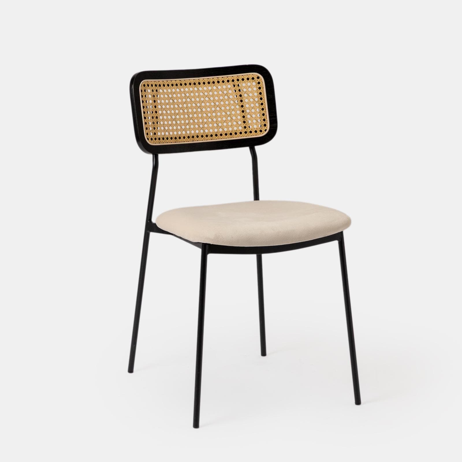 Set 4 sedie in velluto beige con schienale in rattan e gambe in metallo nero - Amira