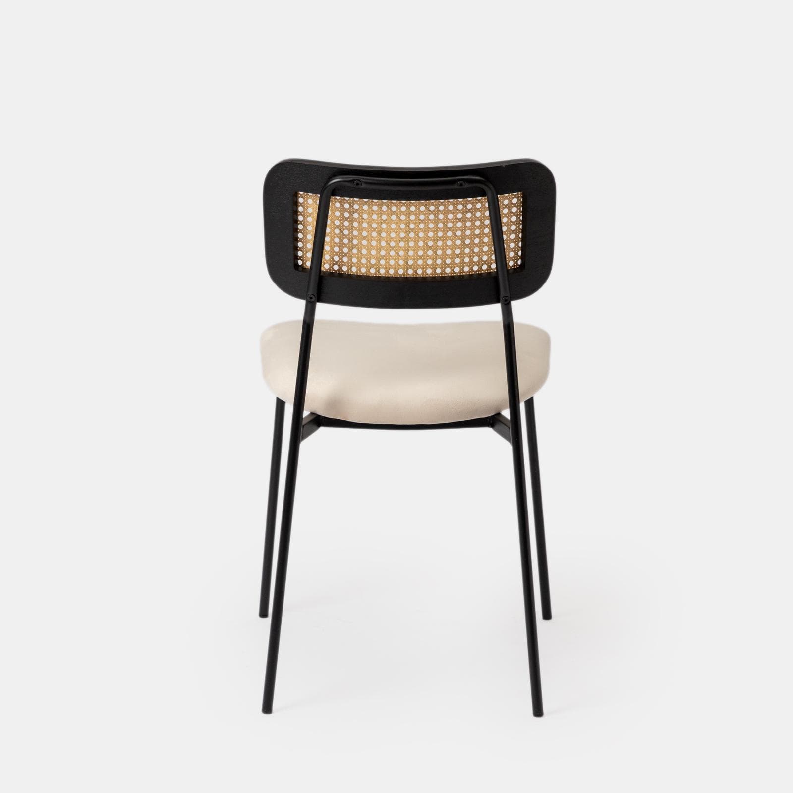 Set 4 sedie in velluto beige con schienale in rattan e gambe in metallo nero - Amira