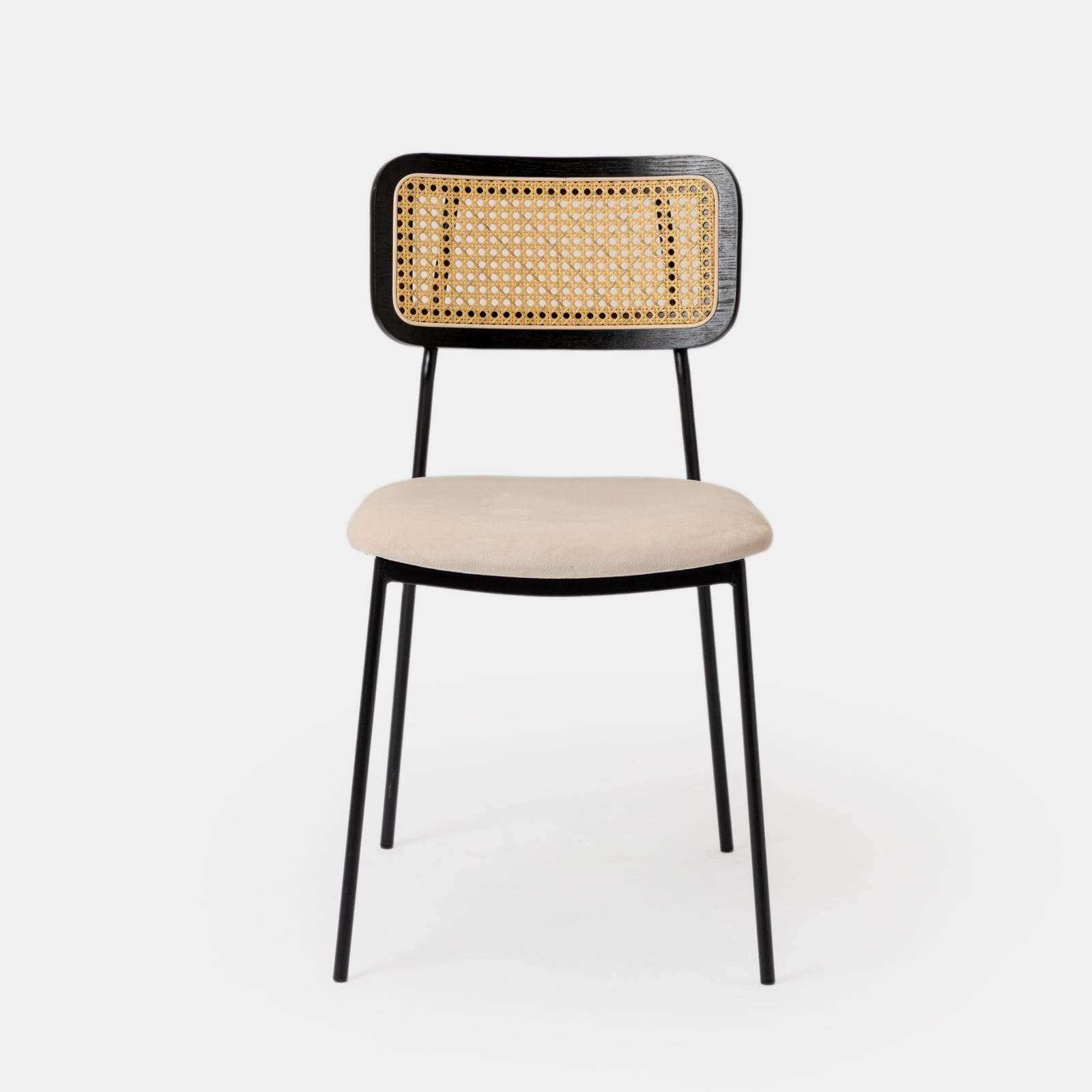 Set 4 sedie in velluto beige con schienale in rattan e gambe in metallo nero - Amira