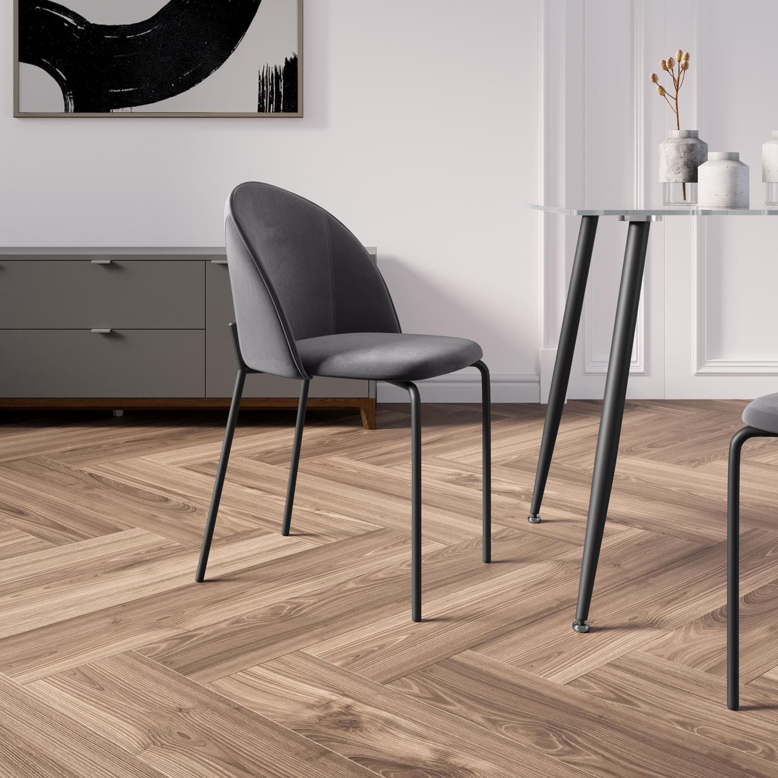 Set 4 sedie in velluto grigio scuro con gambe in metallo nero - Vesta