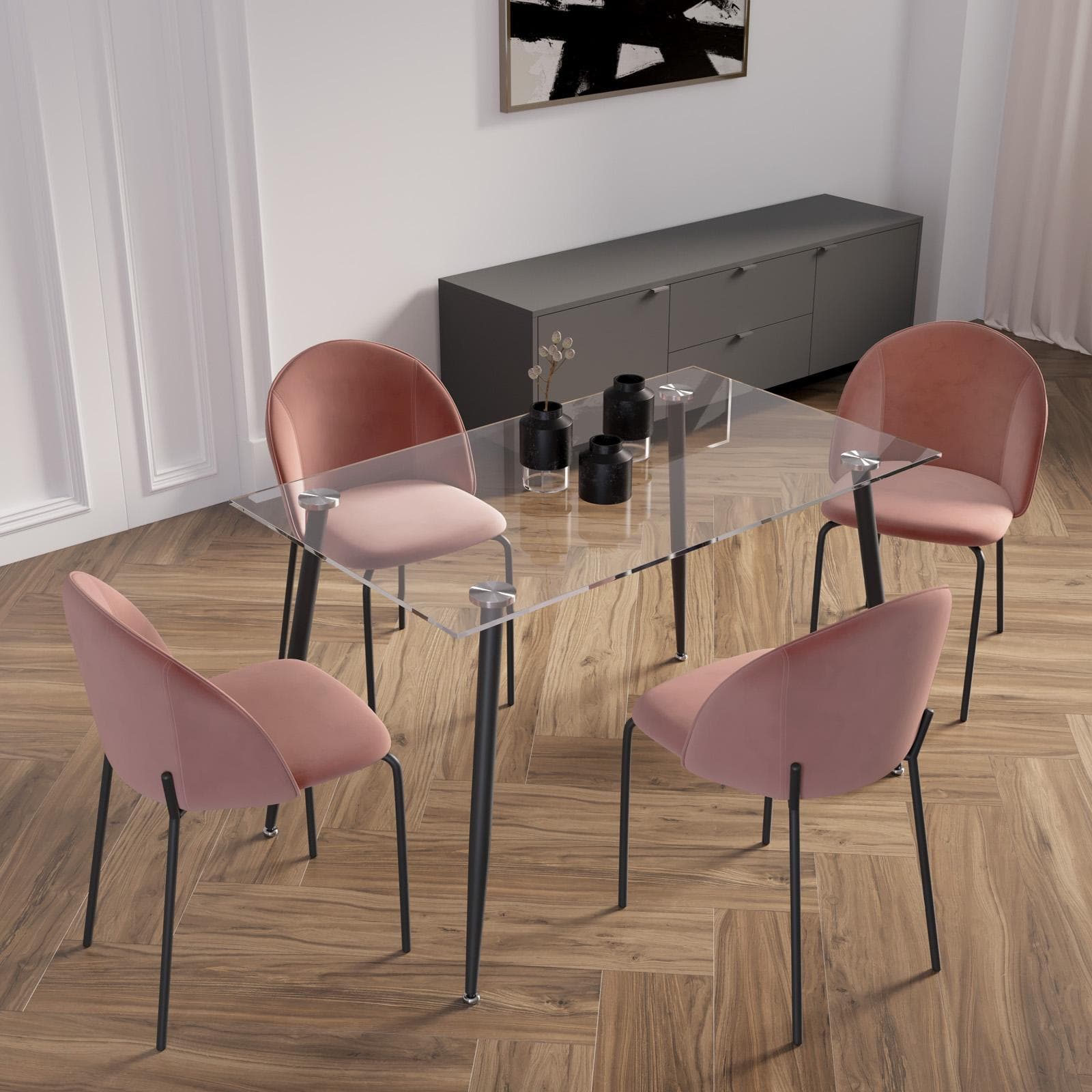 Set 4 sedie in velluto rosa antico con gambe in metallo nero - Vesta