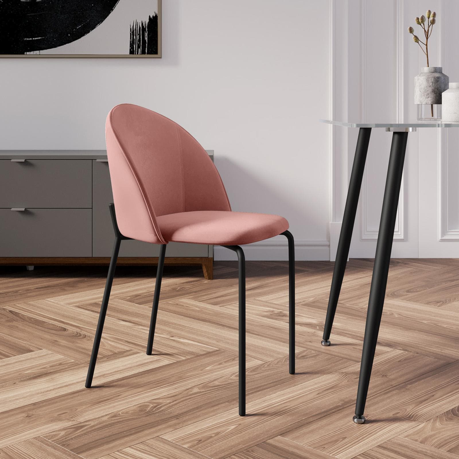 Set 4 sedie in velluto rosa antico con gambe in metallo nero - Vesta