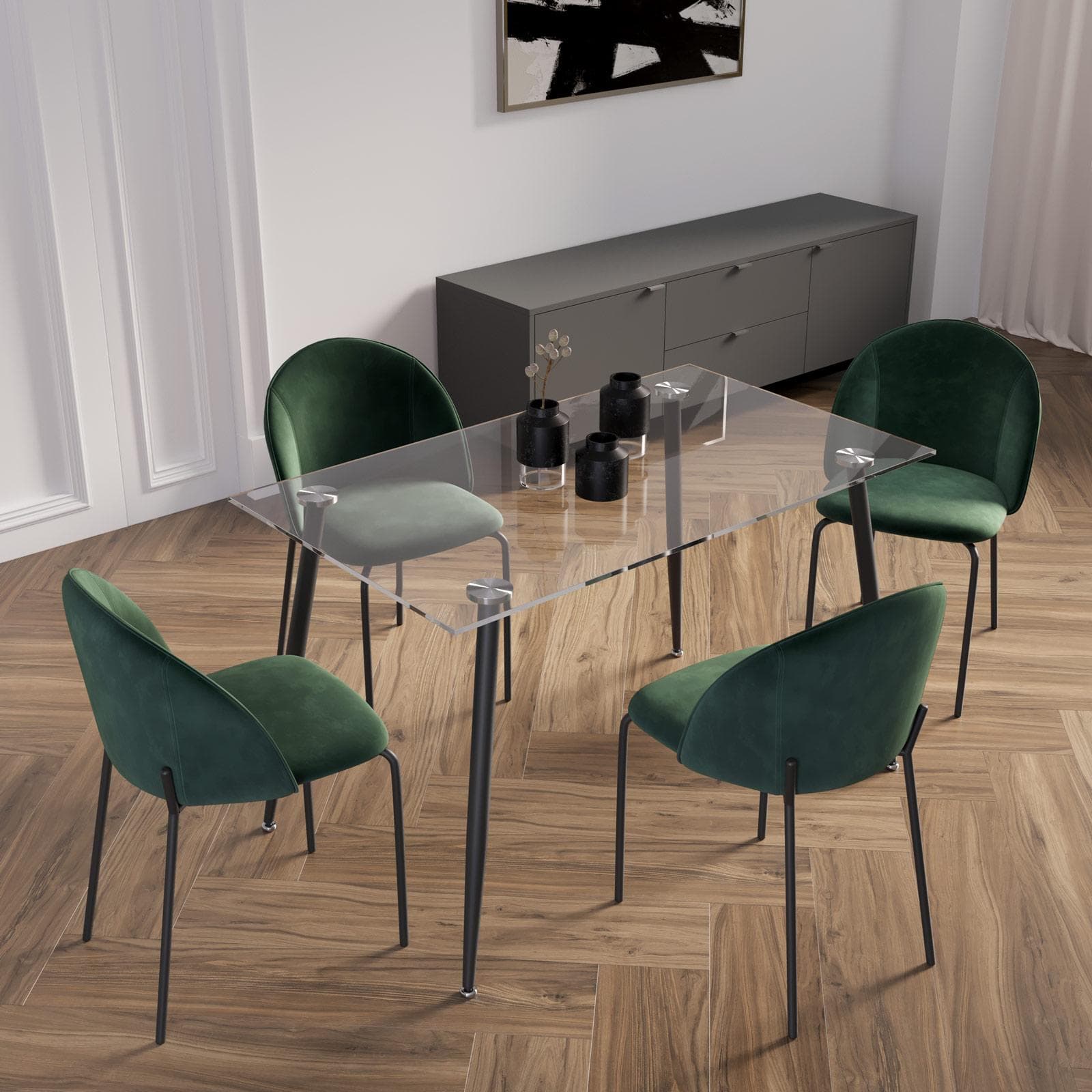 Set 4 sedie in velluto verde scuro con gambe in metallo nero - Vesta