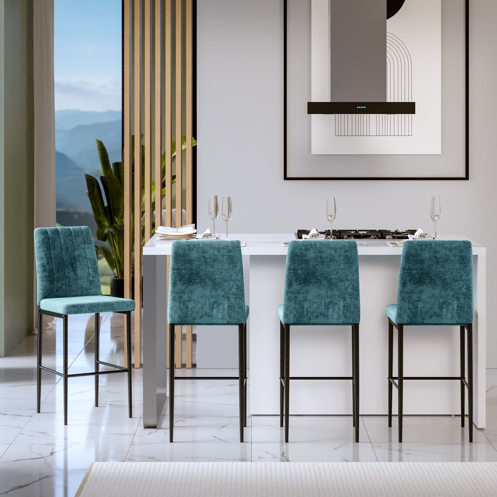 Set 4 sgabelli in tessuto effetto maglia blu petrolio con gambe in metallo nero - Allegra