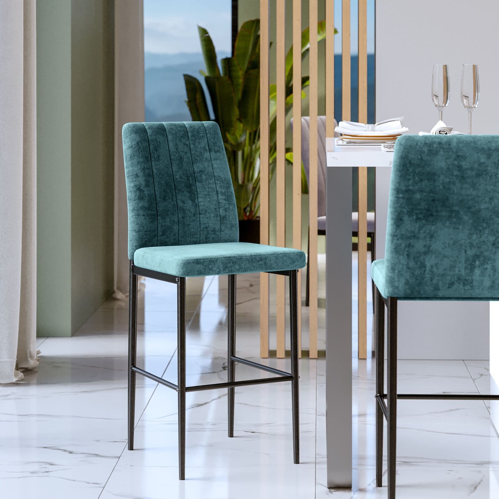 Set 4 sgabelli in tessuto effetto maglia blu petrolio con gambe in metallo nero - Allegra